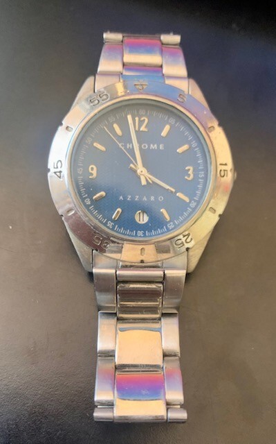 Chrome Azzaro Paris Watch Silver Chrome Casing / Blue Face Collectible Watch