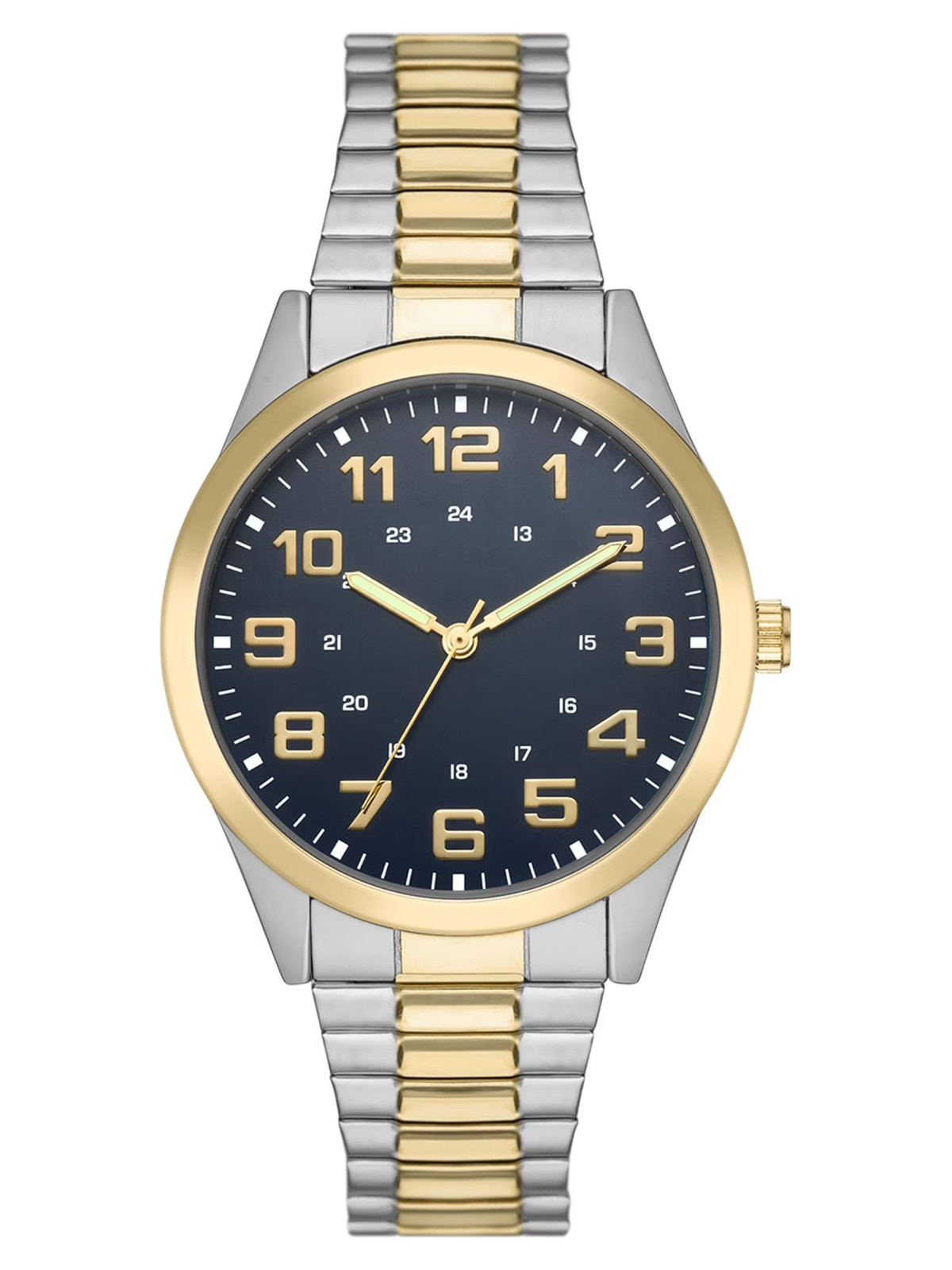 Men’s Two Tone Watch Silver Gold Blue Dial Easy Read Expansion Band Wristwatch