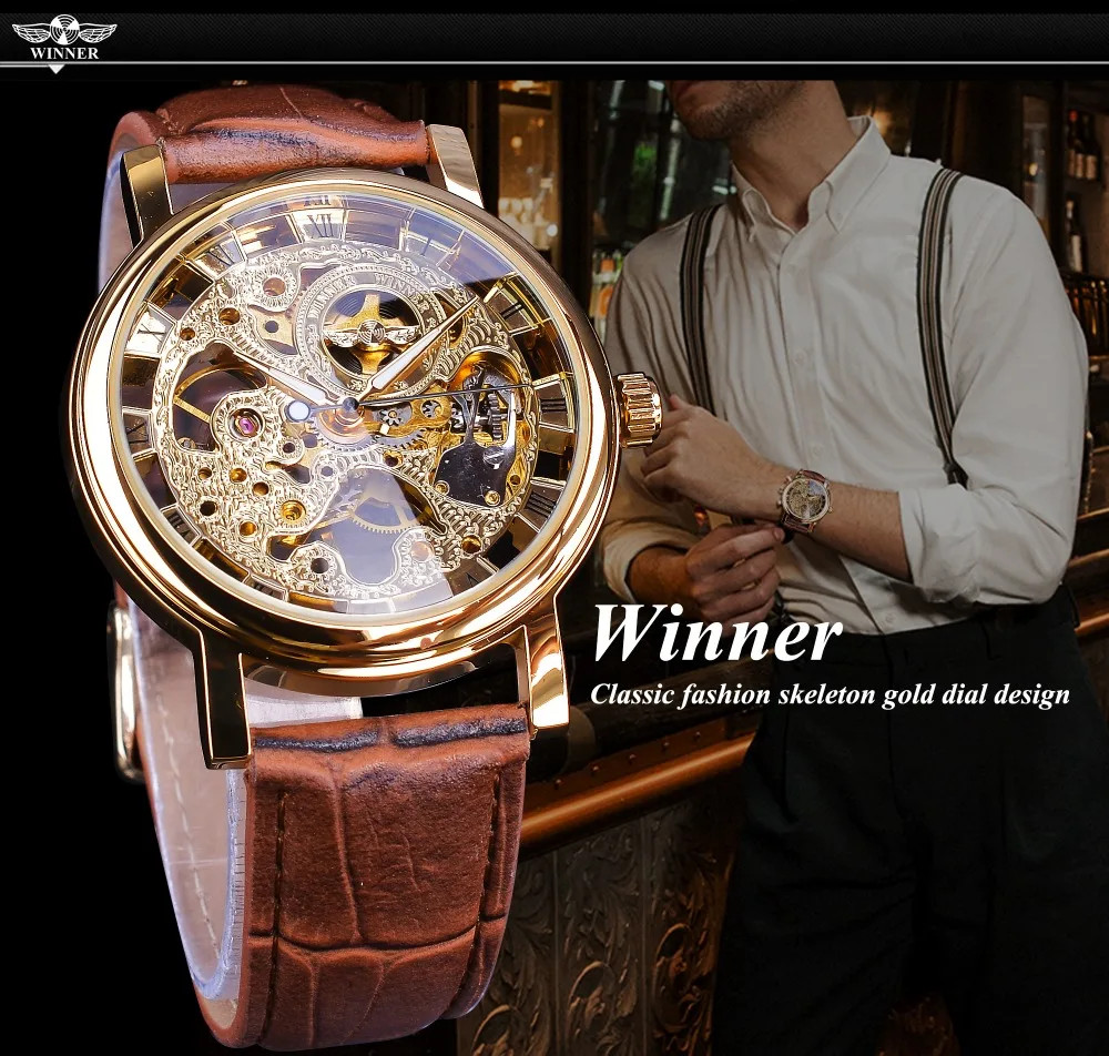 WINNER Mechanical Luxury Leather Elegant Skeleton Automatic Men’s Watch