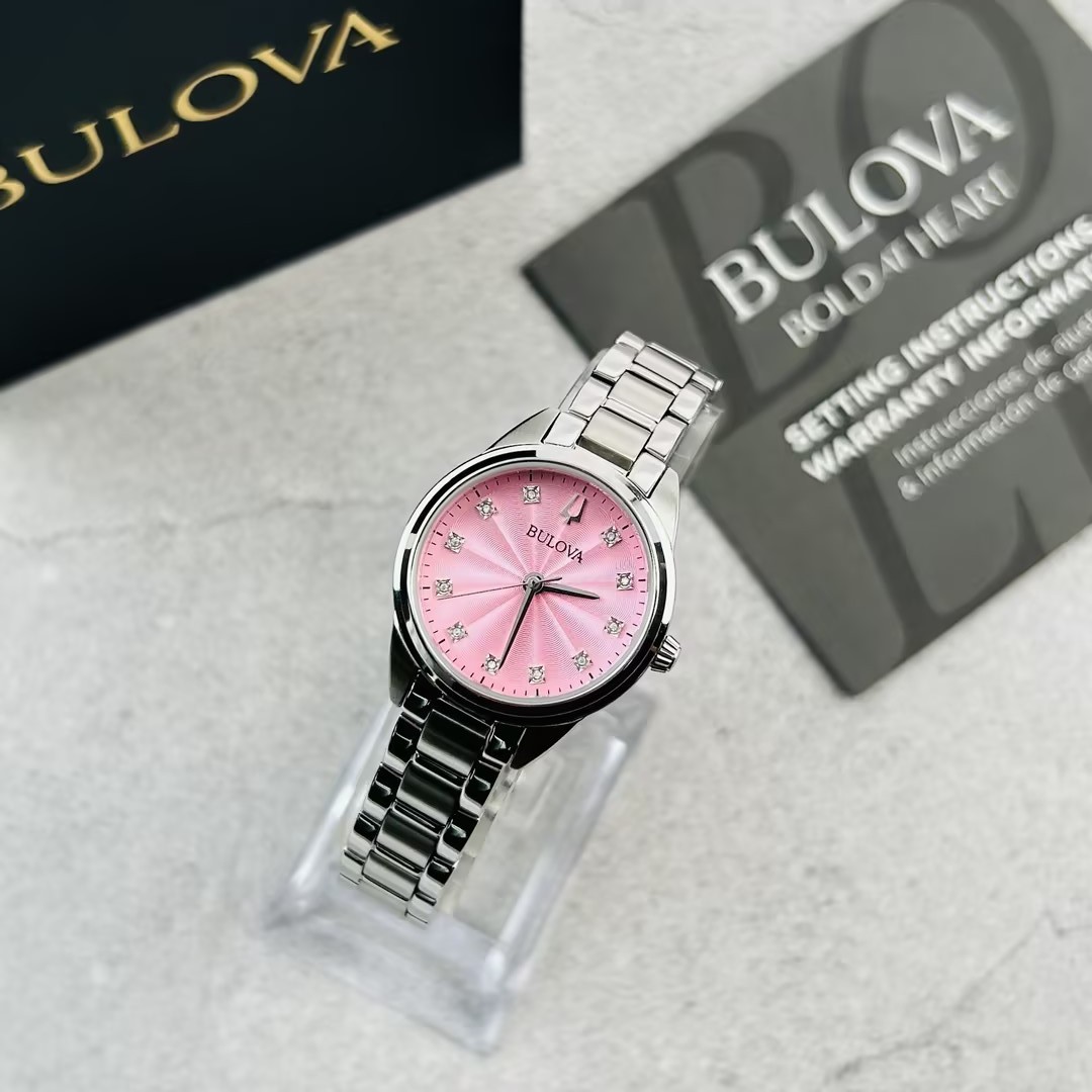 Bulova Sutton 96P249 Women’s Pink Diamond Dial Stainless Steel Quartz Watch 28mm