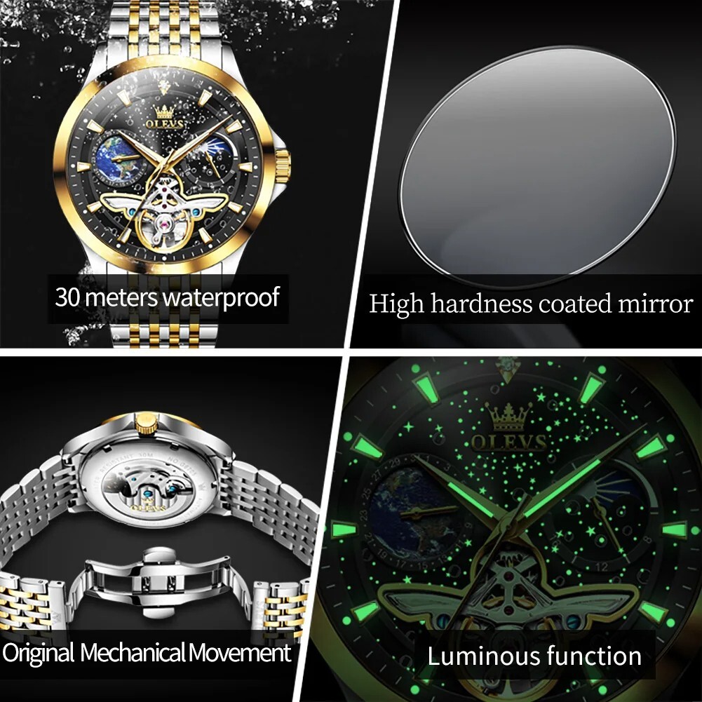 Automatic Mechanical Waterproof OLEVS Luxury Watch Men Moon Phase Mens Strap
