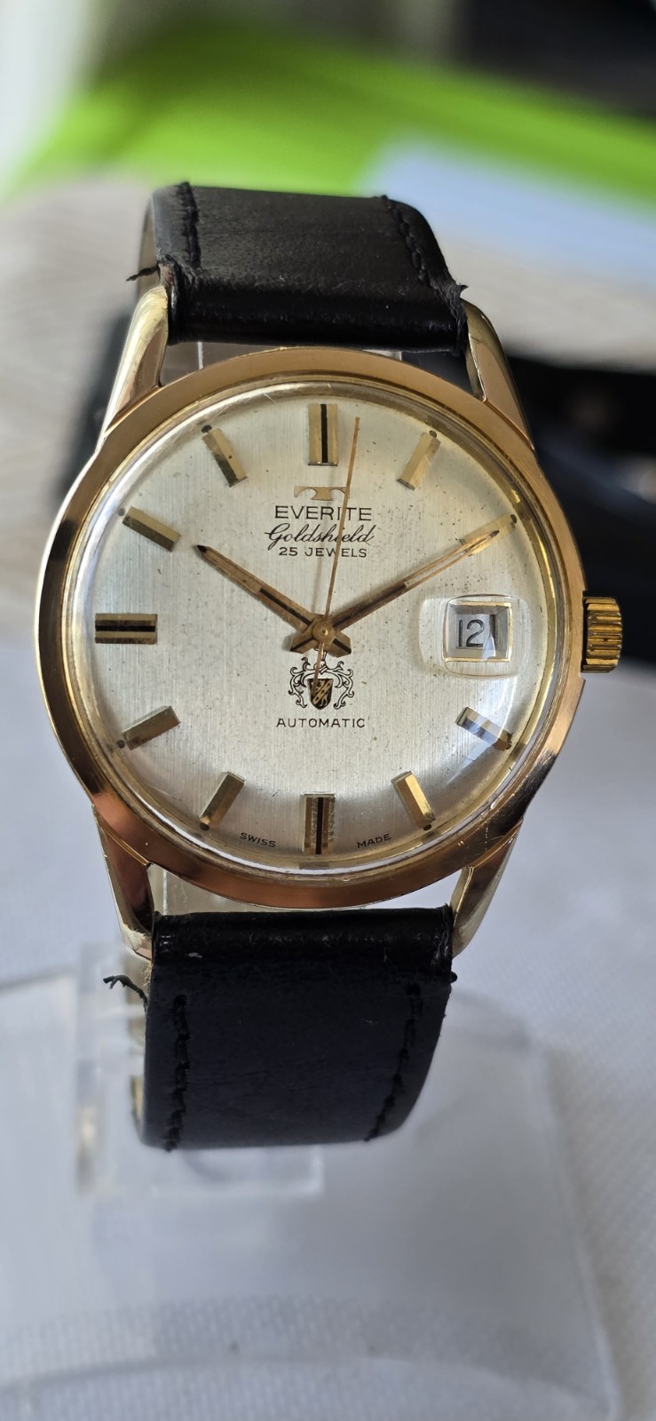 Mens Vintage TECHNOS EVERITE SKY ACE Gold Shield 25J Automatic Wristwatch 36mm