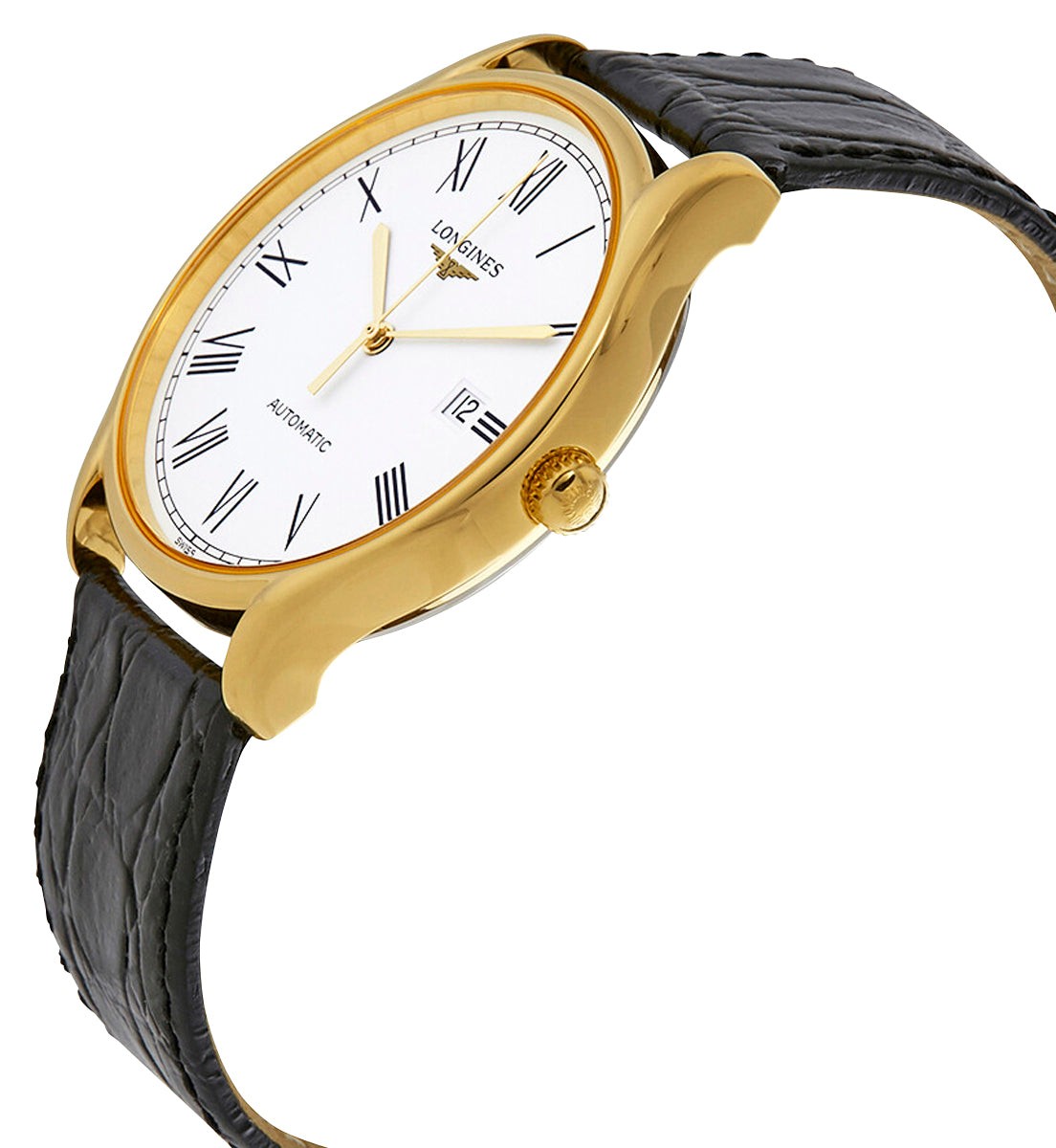 Longines Lyre Automatic Yellow Gold PVD Black Leather Mens Watch L4.960.2.11.2