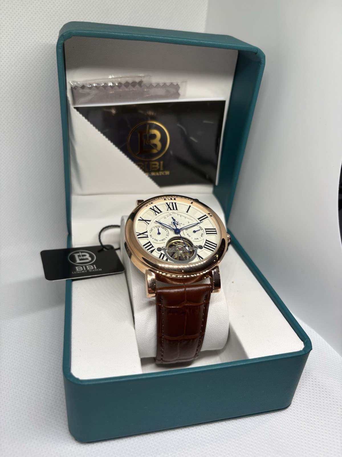 BIBI Automatic Tourbillon Rose Gold Roman Dial Leather Men’s Watch Box Papers