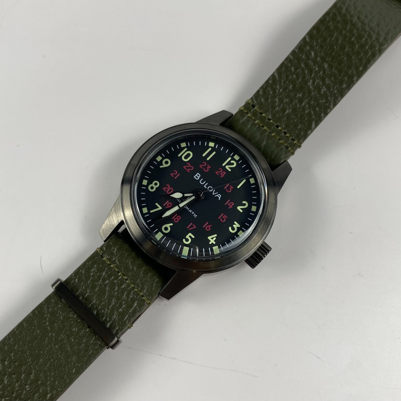Bulova 98A255 Military Hack Automatic Men’s Watch Black Dial Green Leather Strap