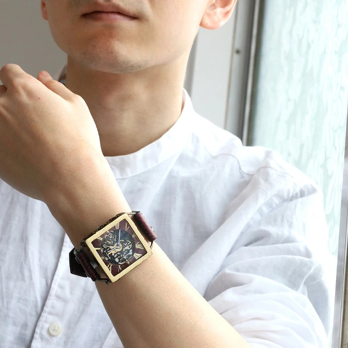 KINO Handmade Watch Automatic Wind Skeleton Mechanic Black Square Wine Brown K 1
