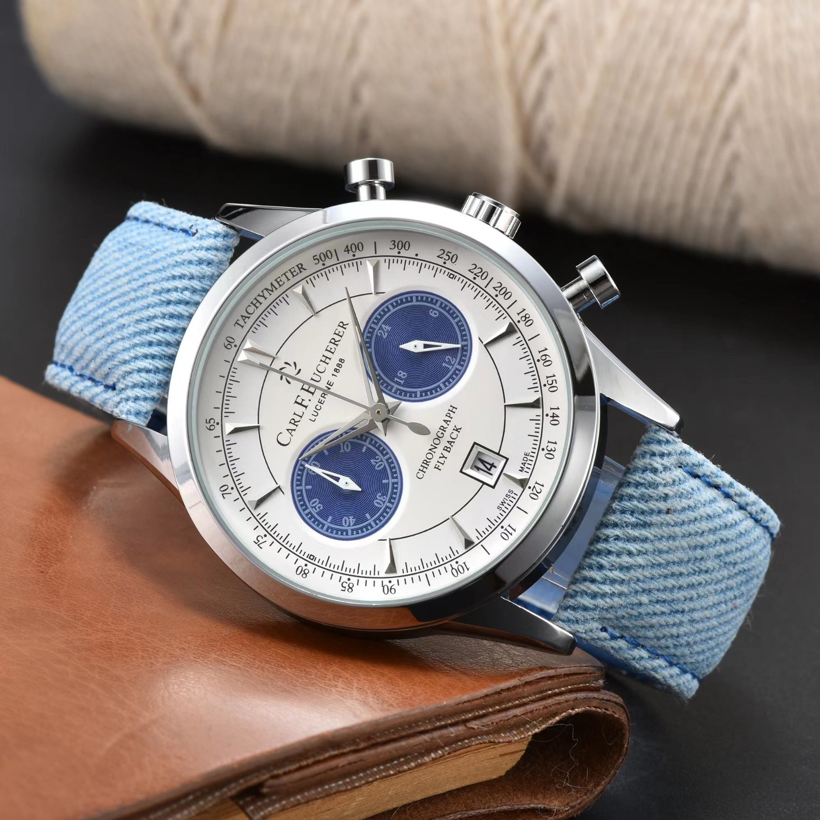 Carl F. Bucherer style chronograph watch Burgundy sub dial nylon strap