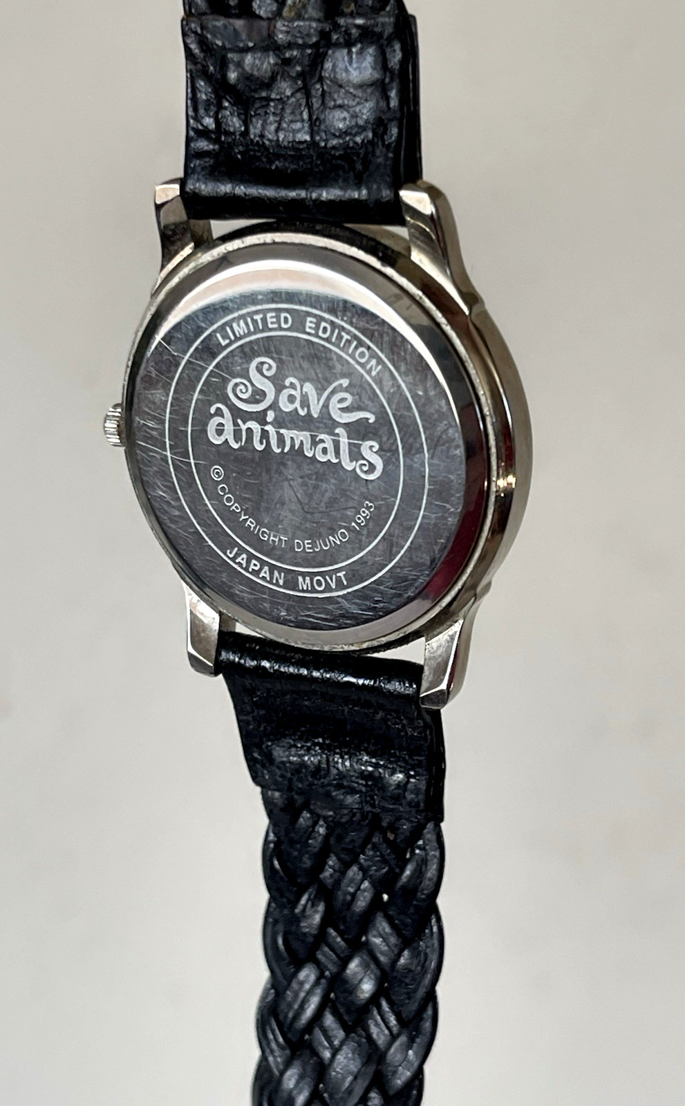 Dejuno Save Animals Silver Cat 1993 Wrist Watch Braided Black Strap Japan MOVT
