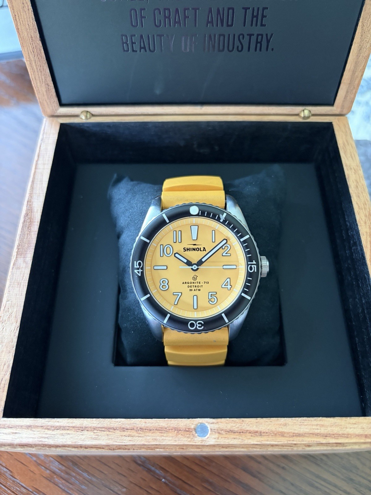 Shinola The Duck 42mm Quartz Diver Wristwatch 200m Yellow Dial Rubber Strap