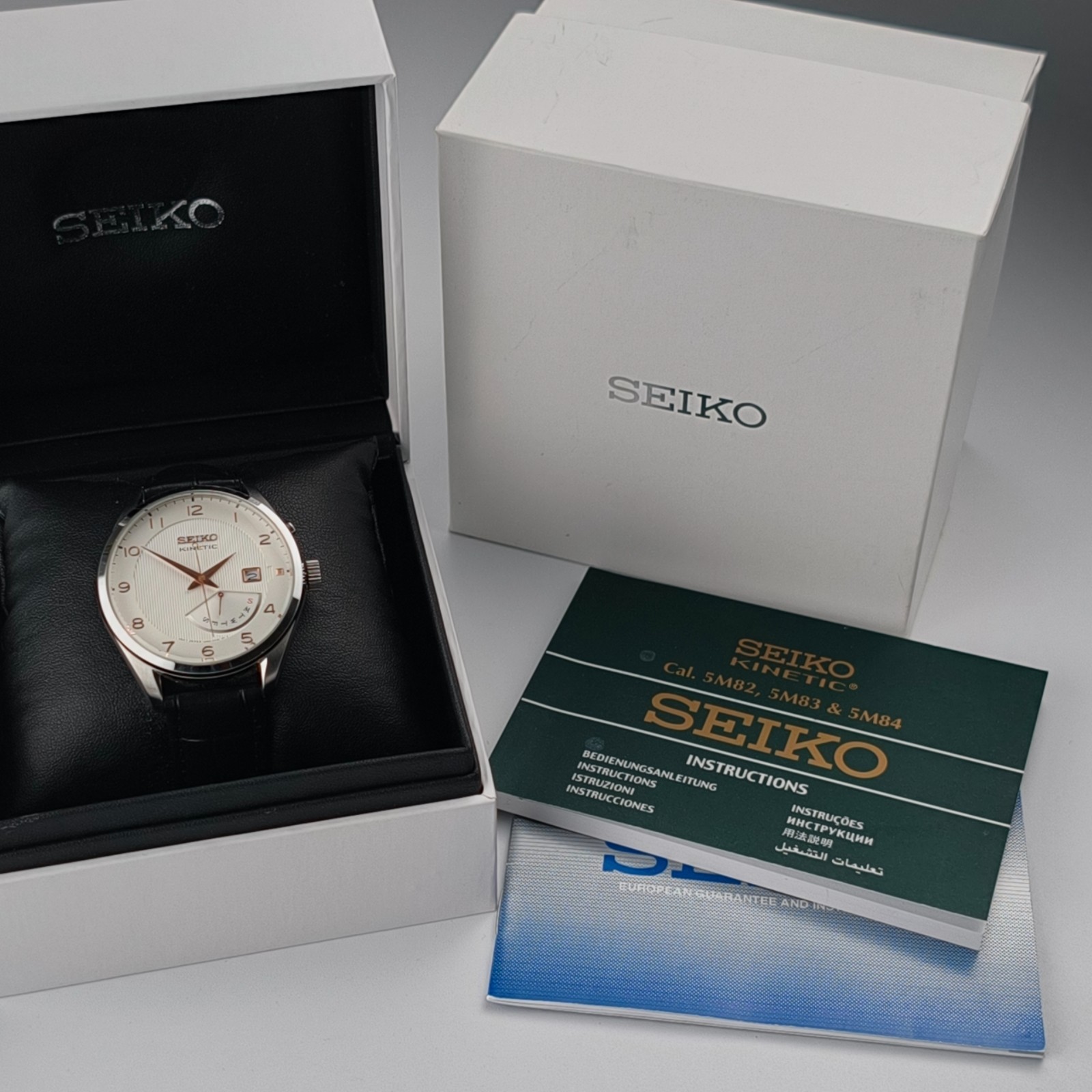 Seiko Kinetic SRN049 5M84-0AC0 Classic White Dial Dress Watch – Full Box Set