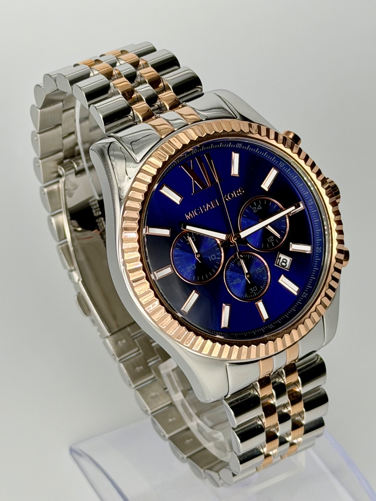MICHAEL KORS Lexington MK8412 Silver/ Rose-Gold 45mm Blue Dial Unisex Wristwatch