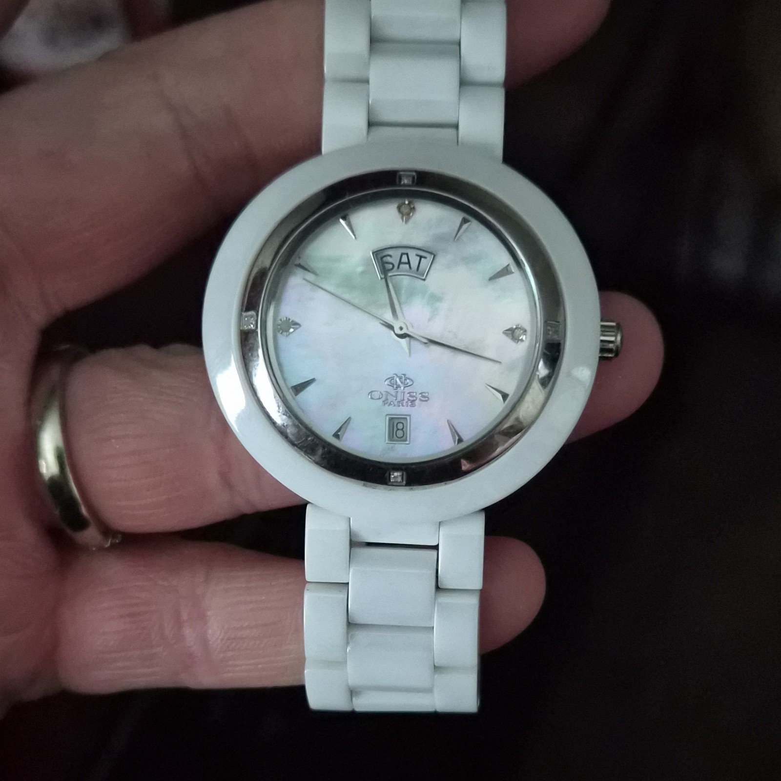 Oniss Quartz Mother-of-Pearl Dial Day/Date White Ceramic Bracelet Watch