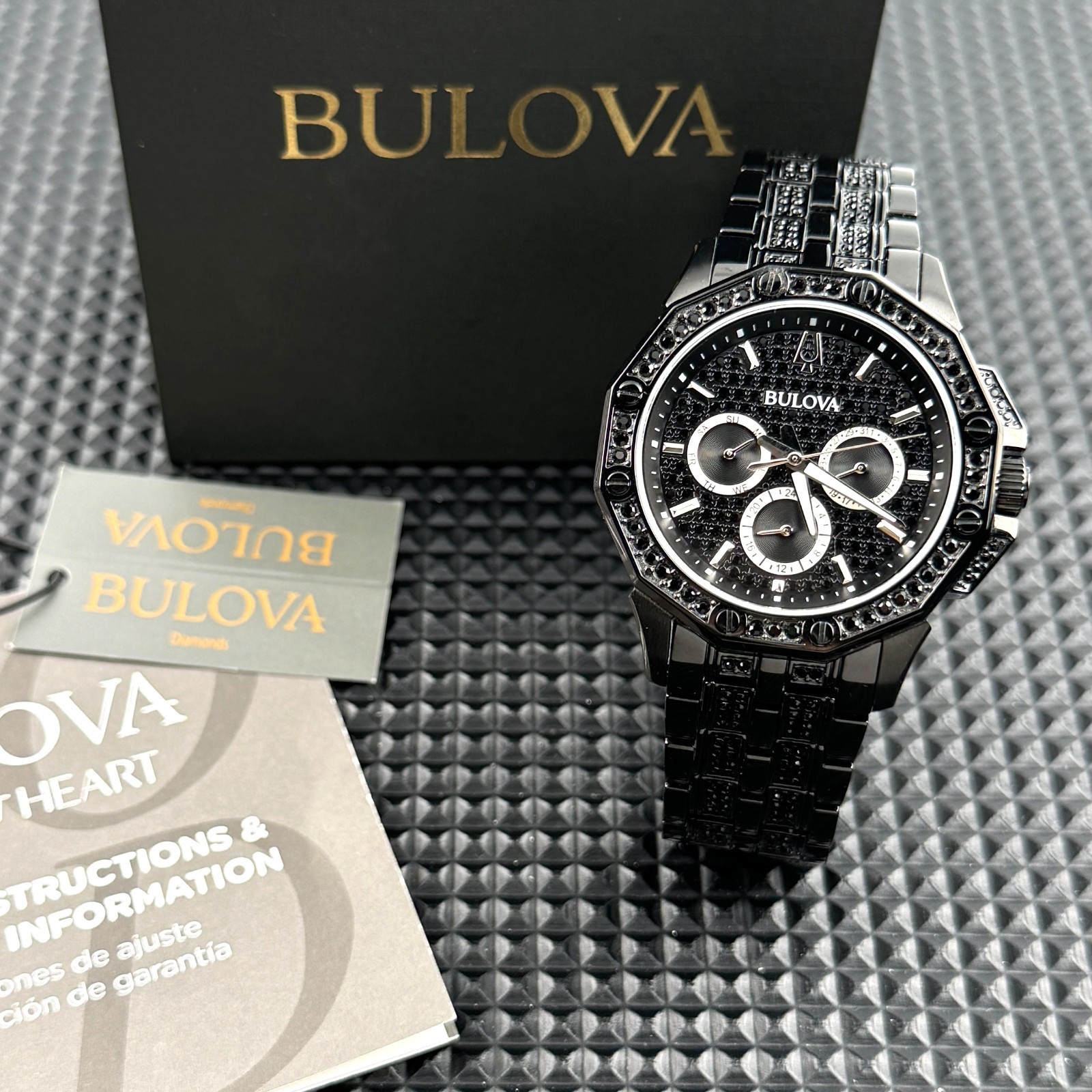 Bulova Octava CRYSTAL Quartz Black Pave Dial 98C134 Men’s Watch 41.5mm