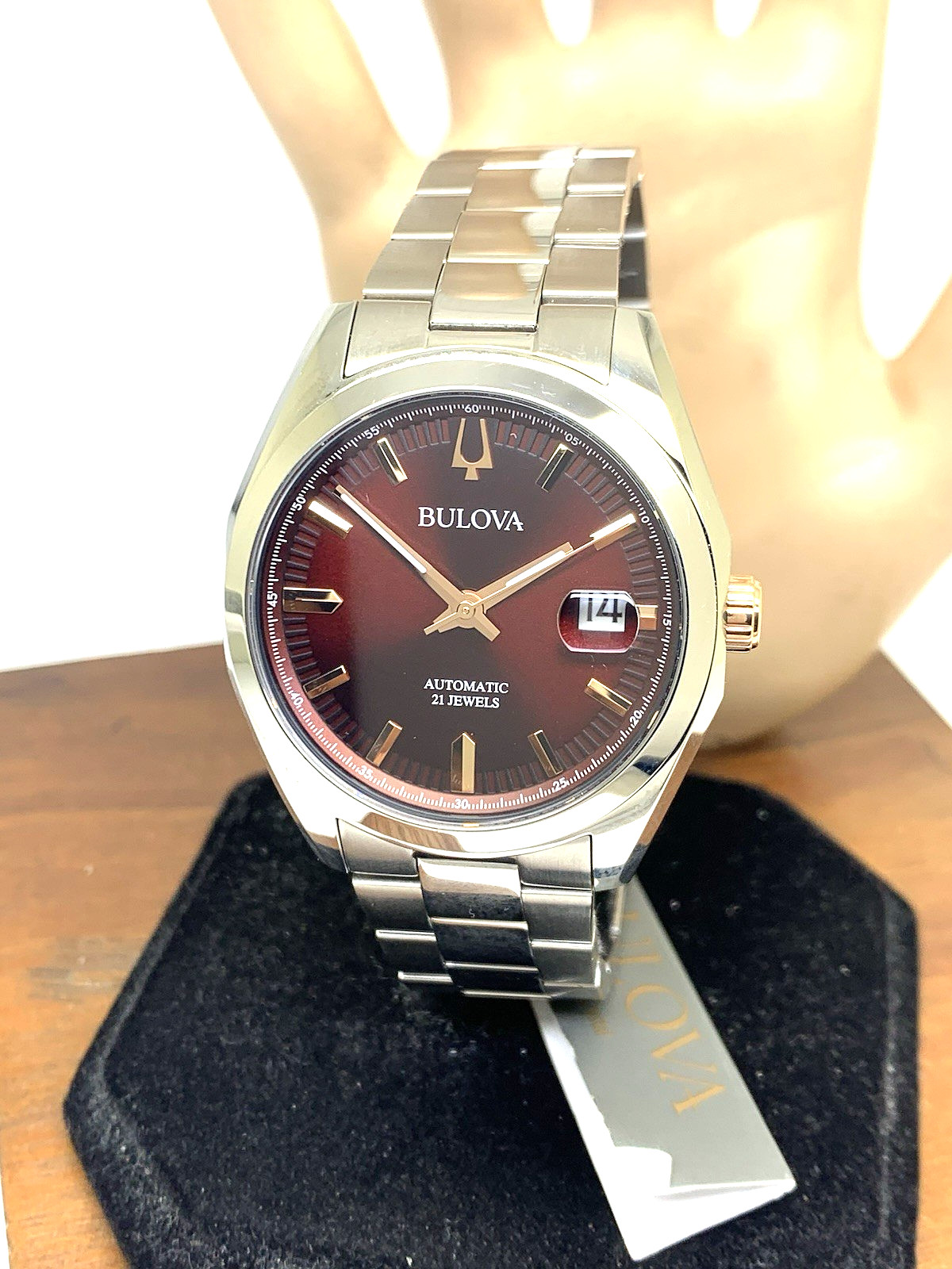 Bulova Men’s Watch 98B422 Automatic Burgundy Dial Silver Stainless Steel 39mm