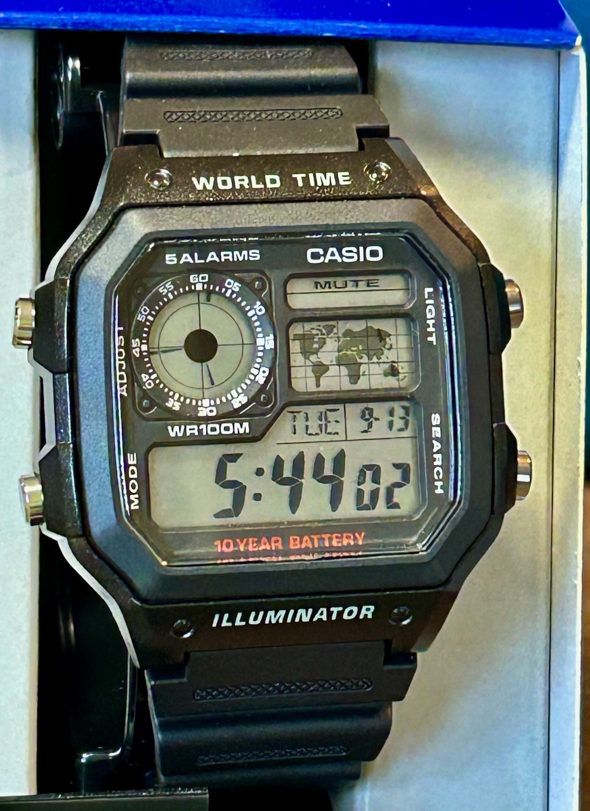 Casio World Time, 45mm, 8.5”, New Never Worn, In Box/Papers
