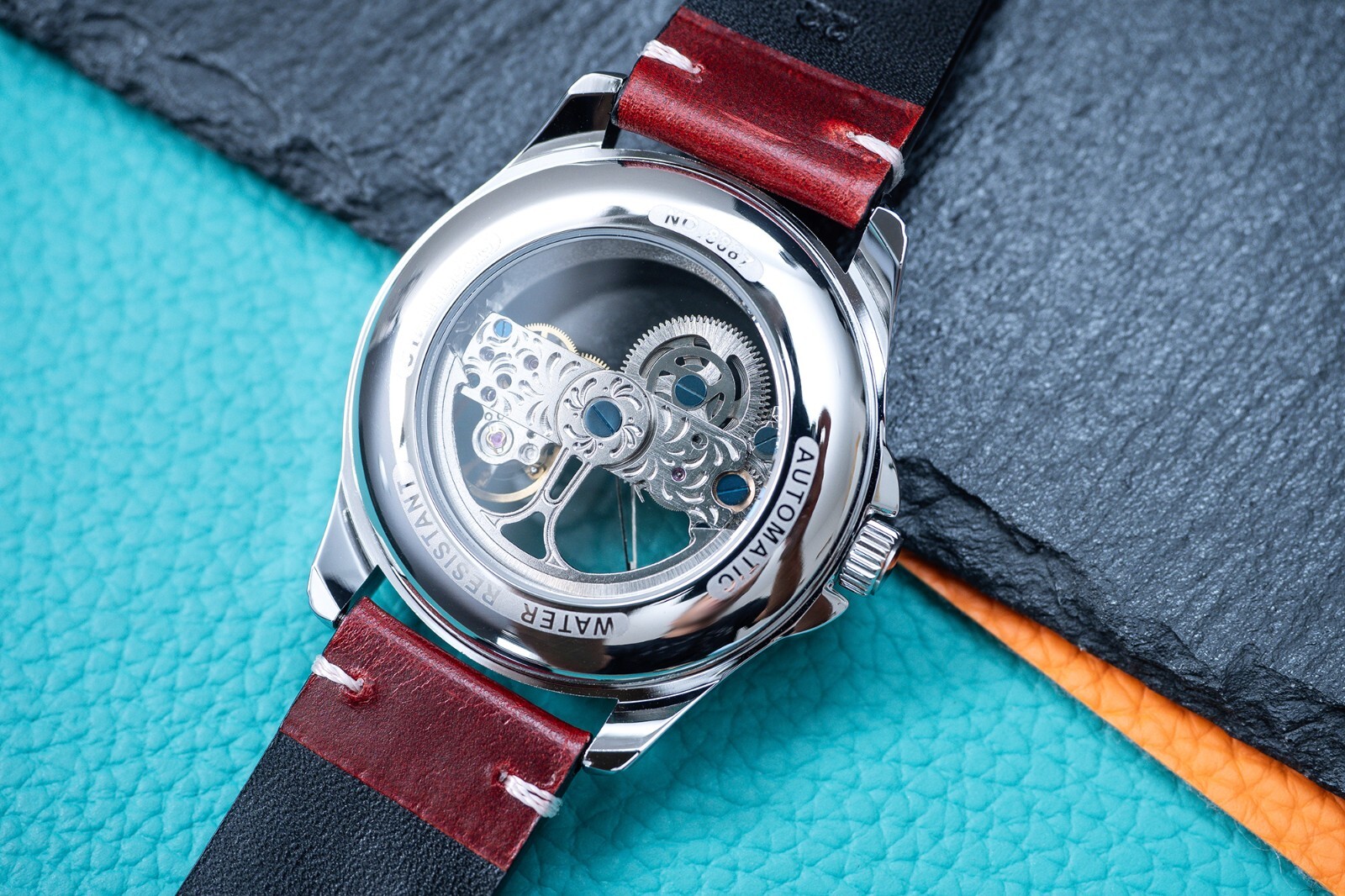 Mens Silver Automatic Mechanical Watch Bridge Rainbow Cubic Oil Waxed Dark Red