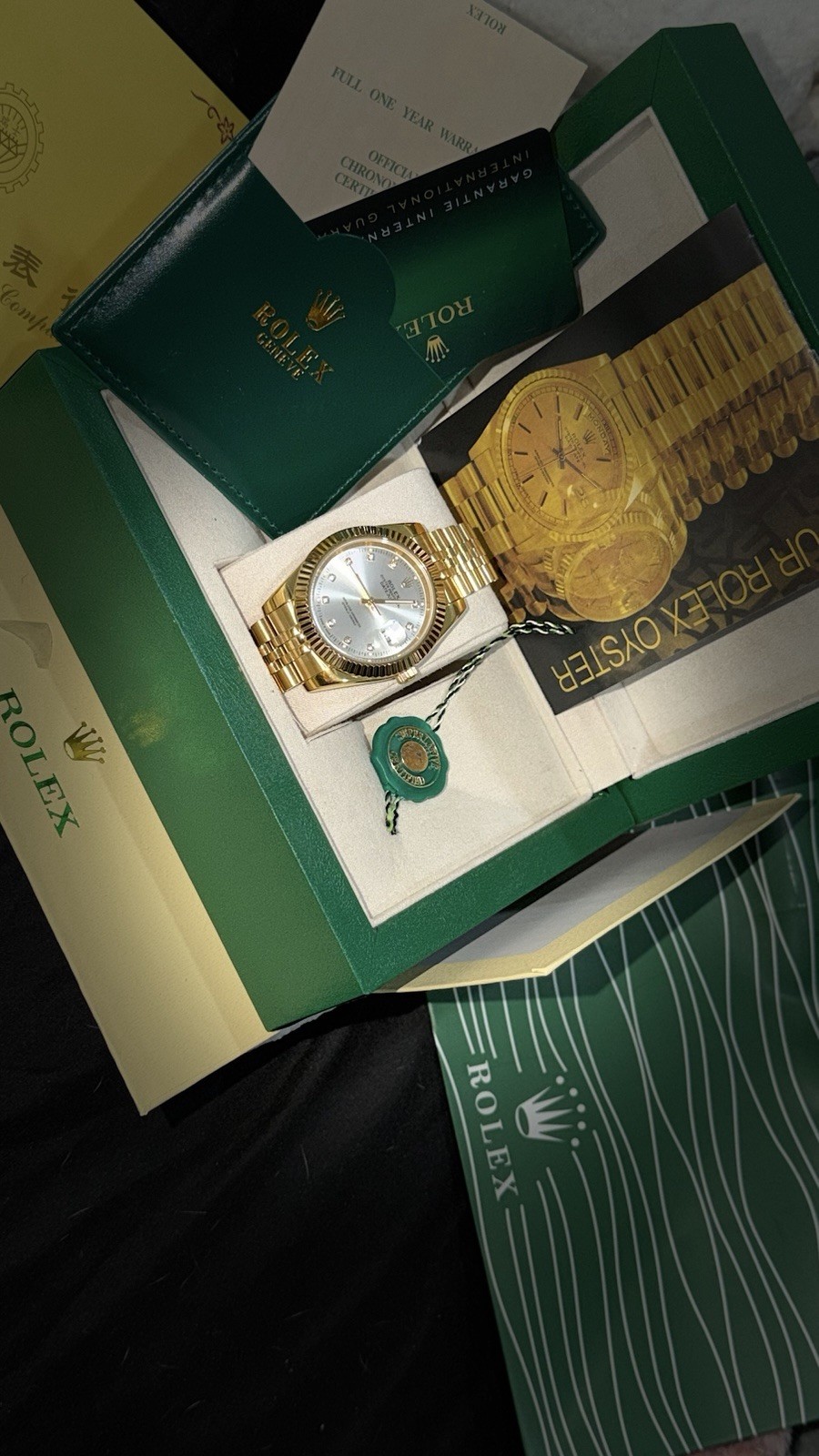Rolex Oyster Perpetual Datejust Yellow Gold Diamond Dial Fluted Bezel Box/Papers
