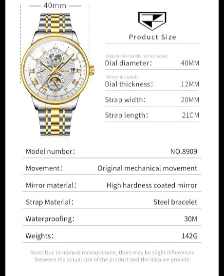 Automatic Mechanical Waterproof Watch Moon Phase Luxury Dial Men’s Men Strap