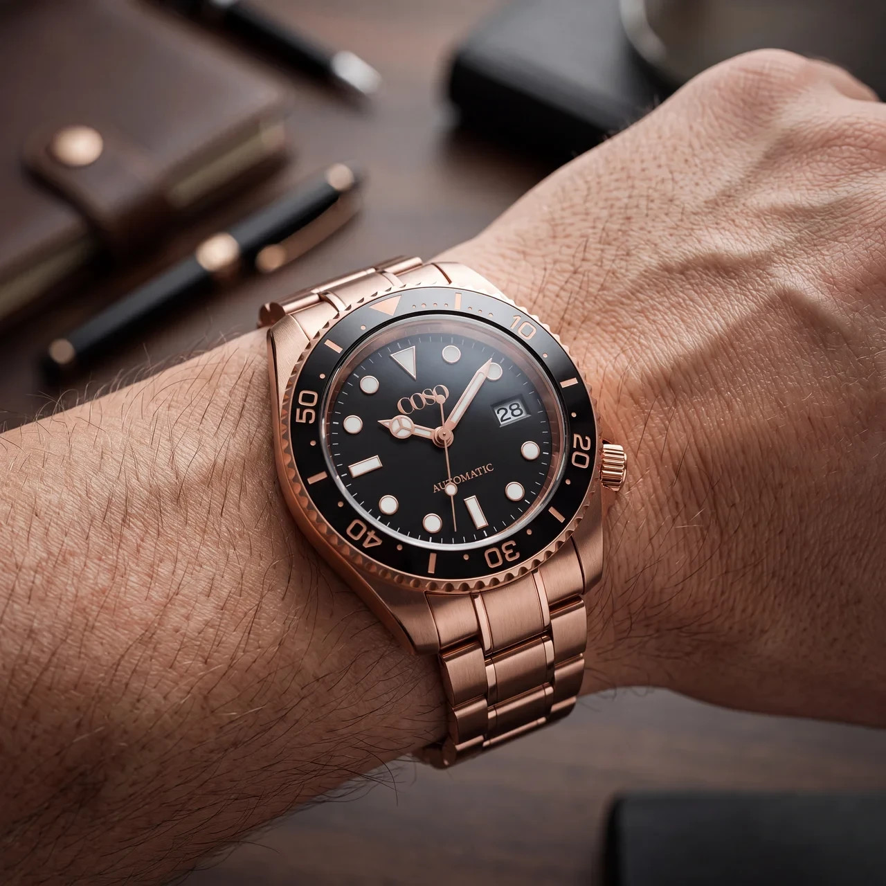COSO Velocce Automatic Diver Black Dial Full Rose Gold Black Bezel