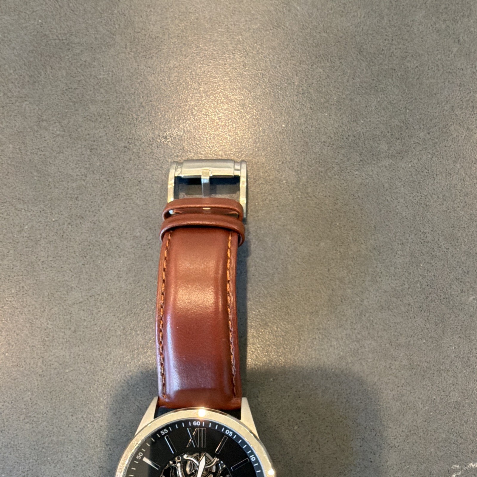 Fossil Men’s Skeleton Black Dial Analog Wristwatch Brown Leather Strap
