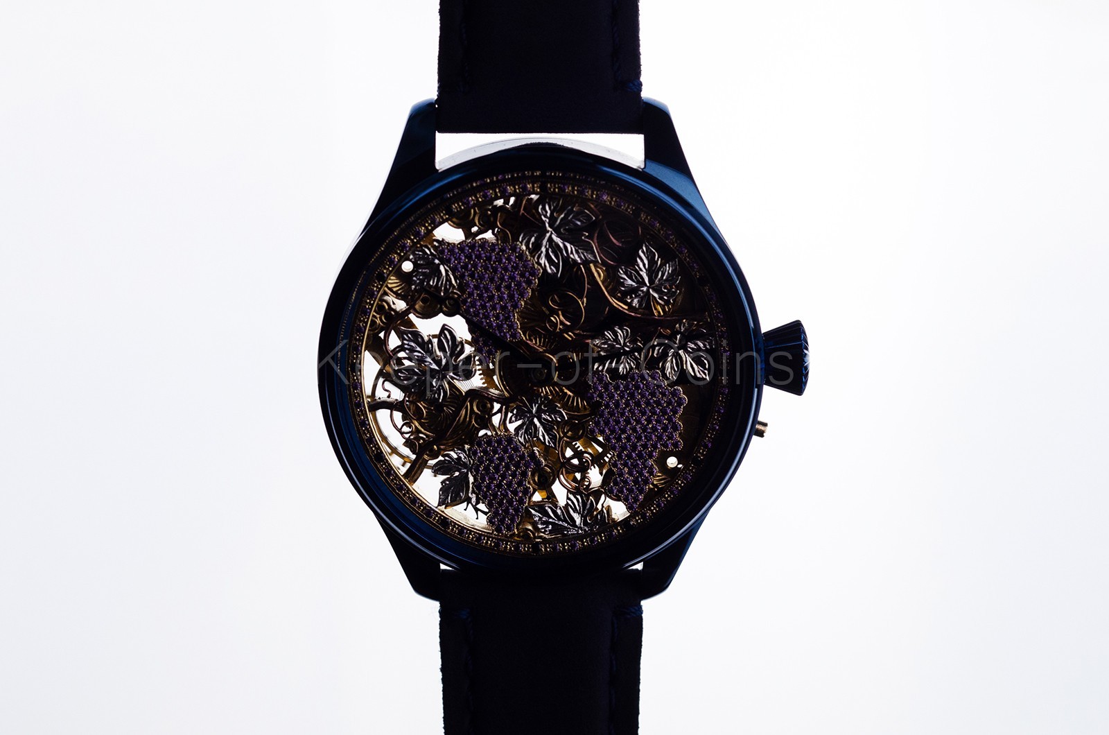 SWISS MOVEMENT SKELETON “GRAPE” ENGRAVED WRISTWATCH CUSTOM MADE MARRIAGE WATCH