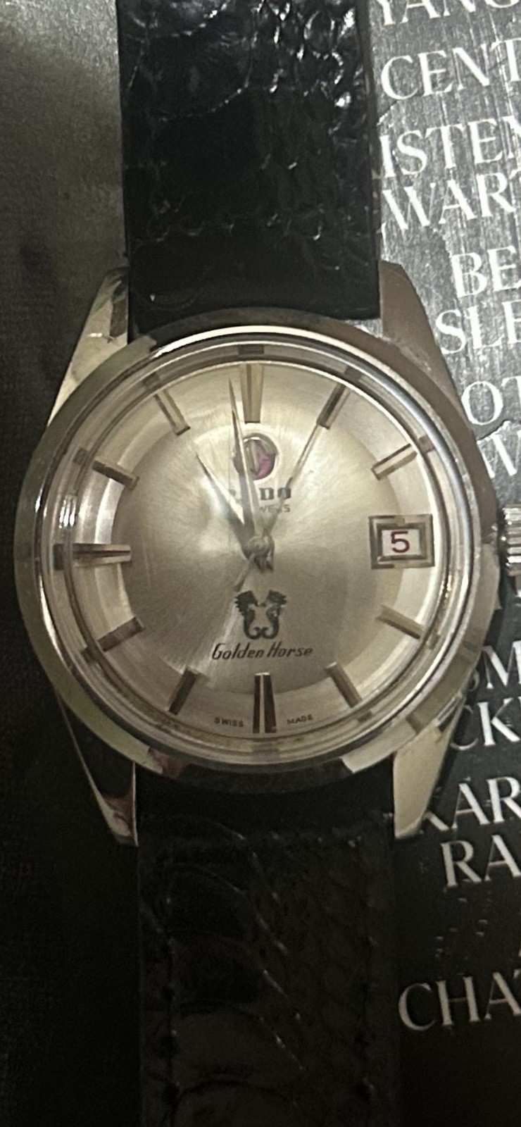 Rado Golden Horse Automatic 25 Jewels Date Silver Dial Black Leather Strap
