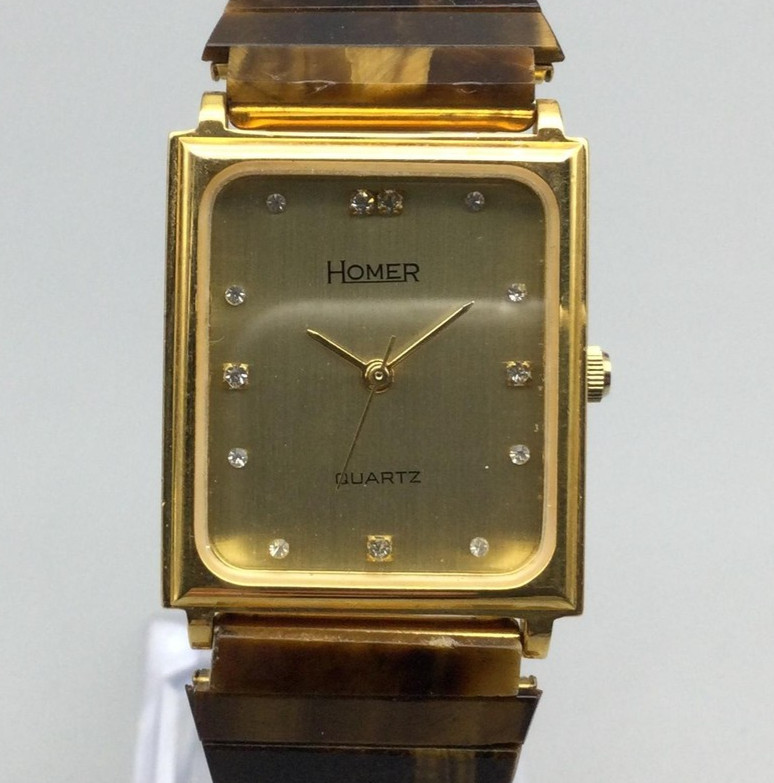 Homer Watch Womens 25mm Gold Tone Rectangular Tiger Eye Stretch Band New Battery