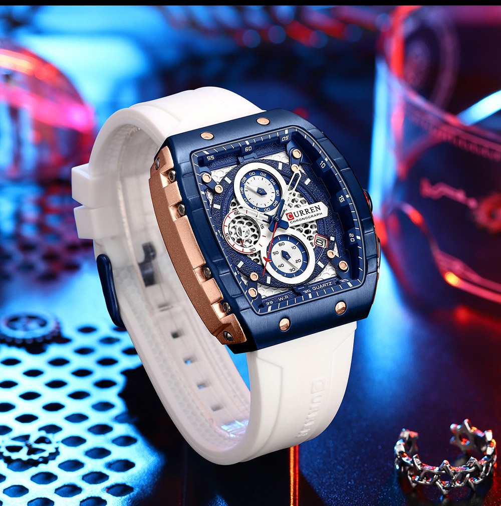 CURREN Men Sport Watch Rectangular Large Dial Hollow Skeleton Leather Waterproof