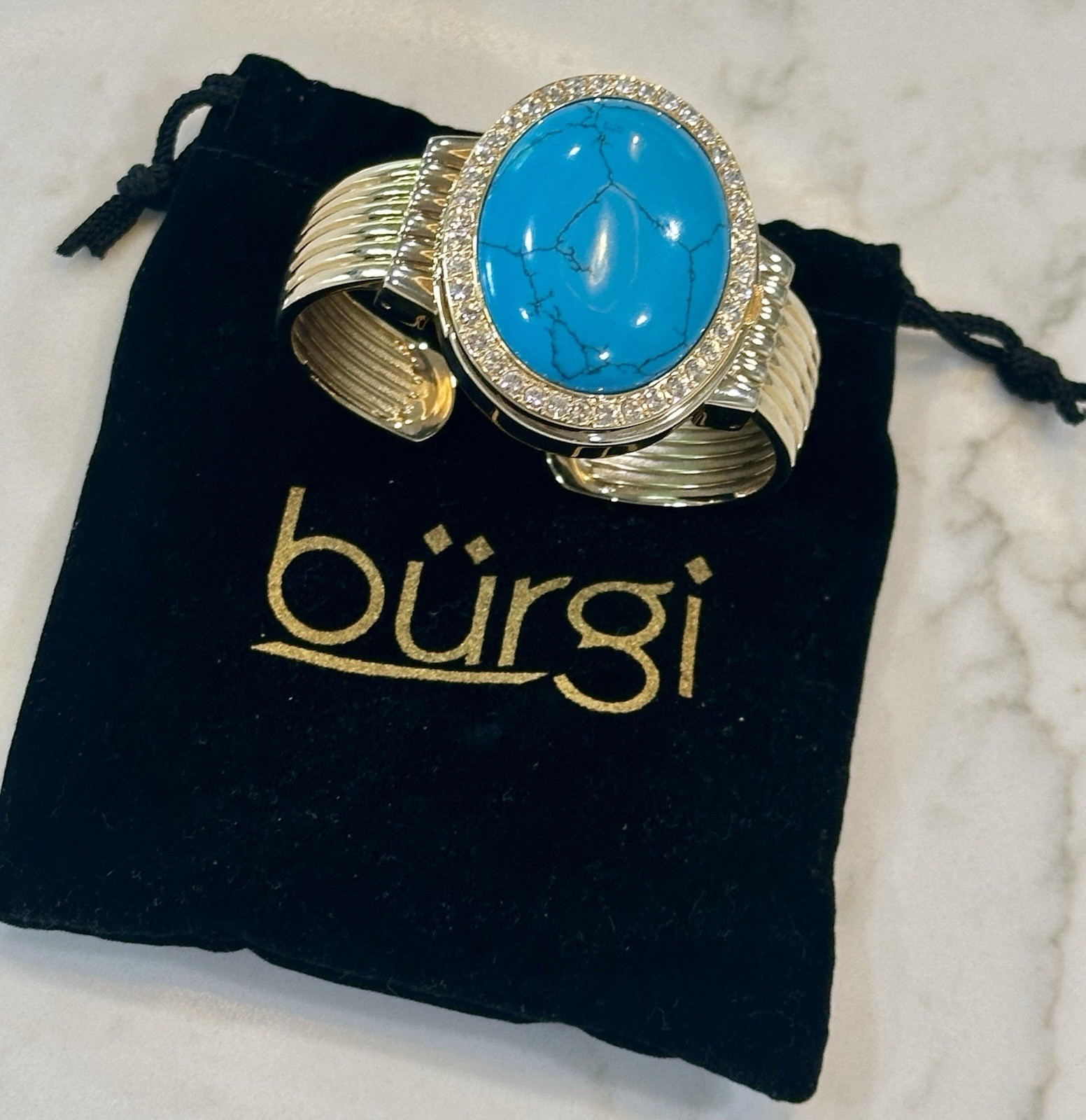 Burgi Women’s Turquoise Color Cover Gold-Tone Bangle Quartz Watch. New Battery