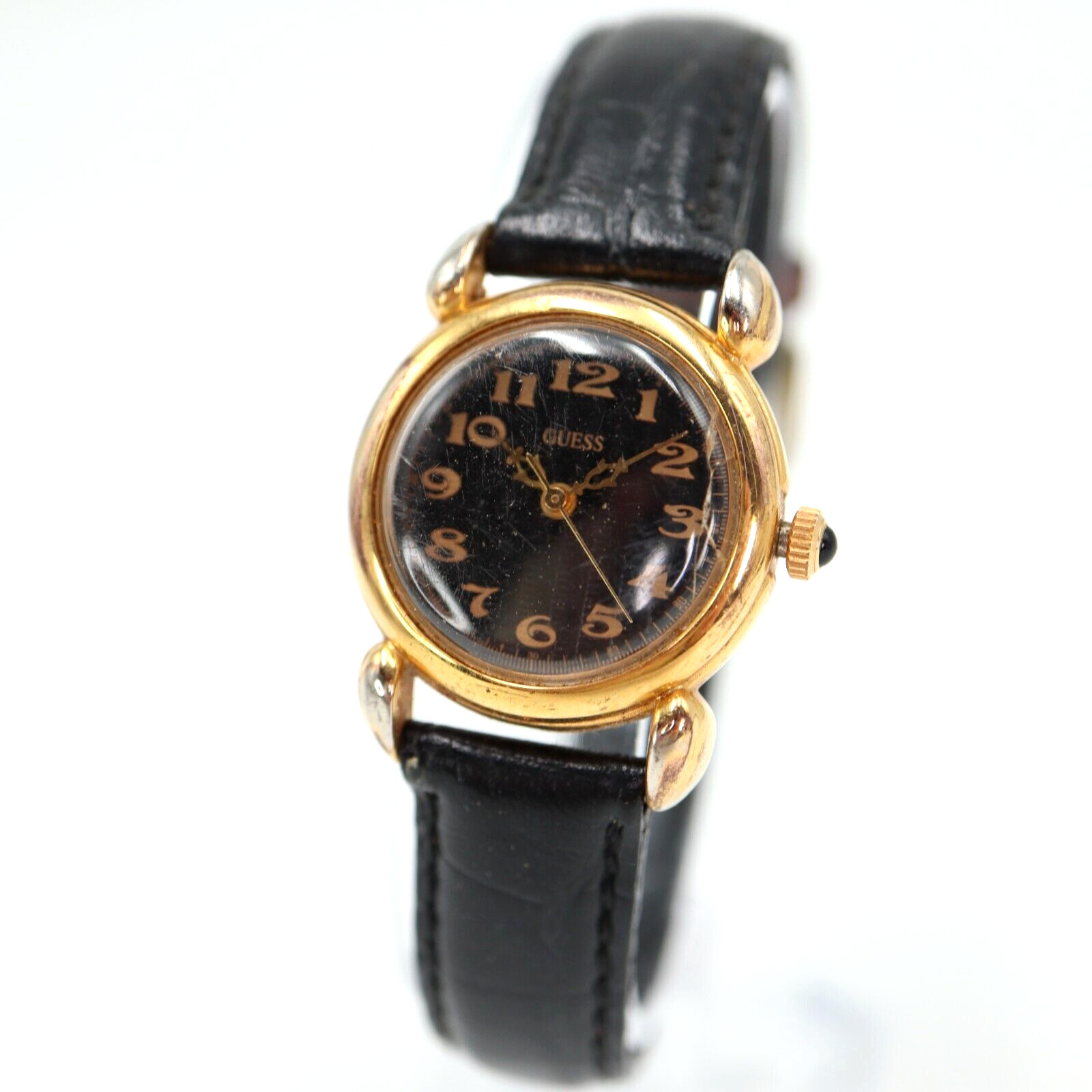 Vintage 1992 Guess Watch 25mm Gold Tone Black Leather Strap with New Battery