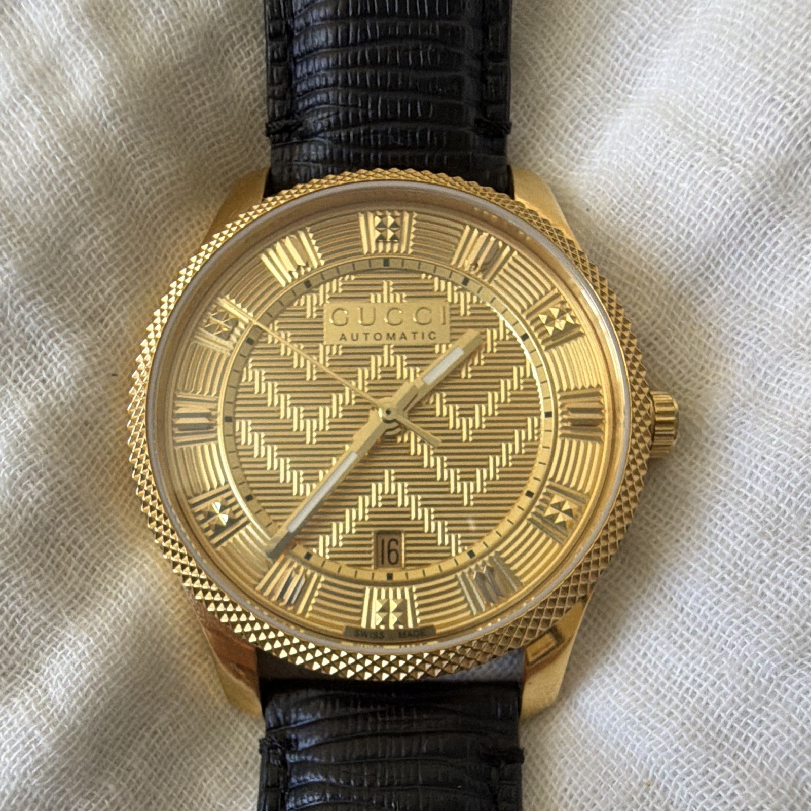 Gucci YA126340 Automatic 40mm Gold Dial/Case Black Leather Date 50m $2,000
