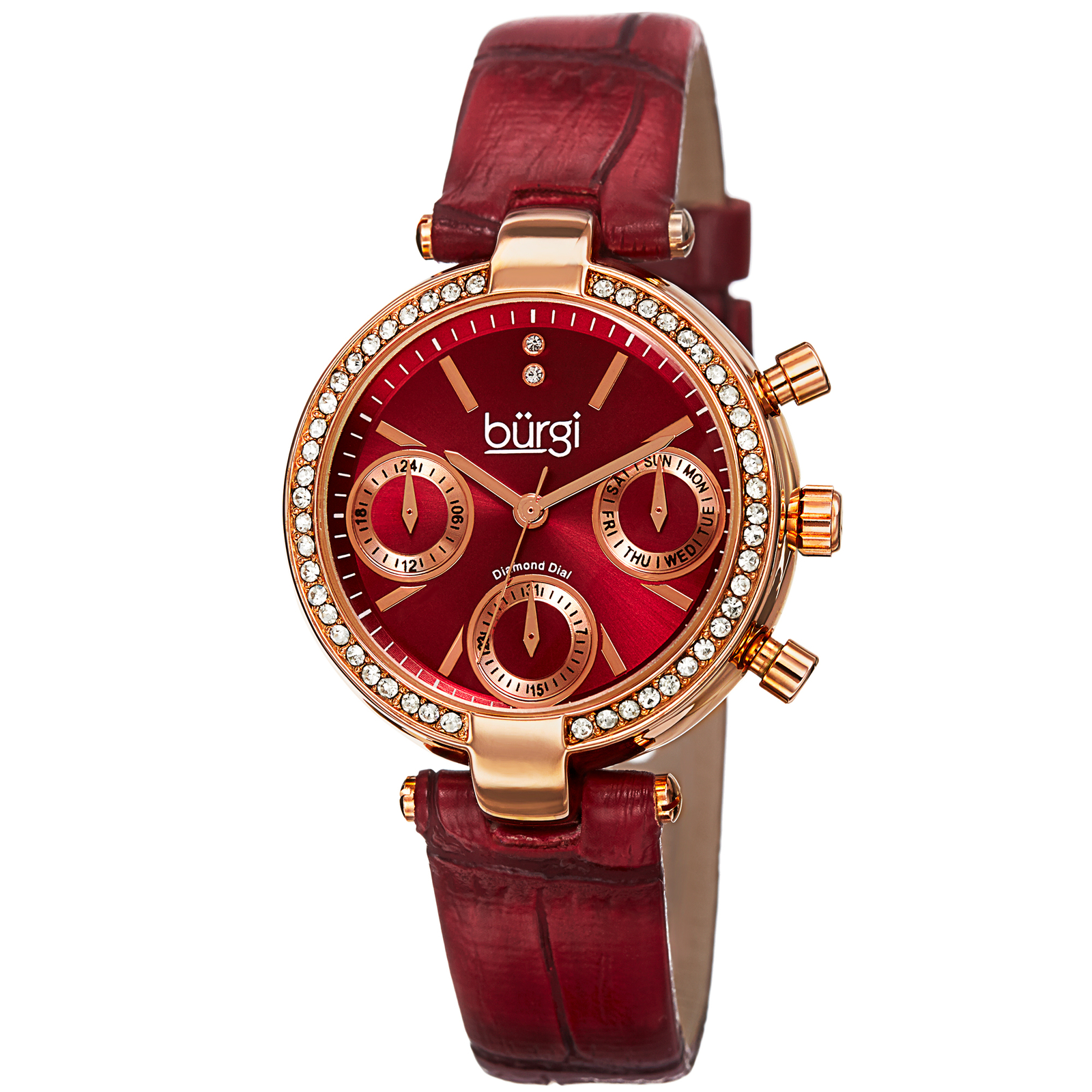 New Women’s Burgi BUR129RD Red Diamond Swiss Multifunction Leather Strap Watch