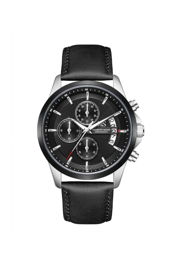 Kenneth Scott Men’s Chronograph Watch | Black Dial, Black Leather Band, 42mm