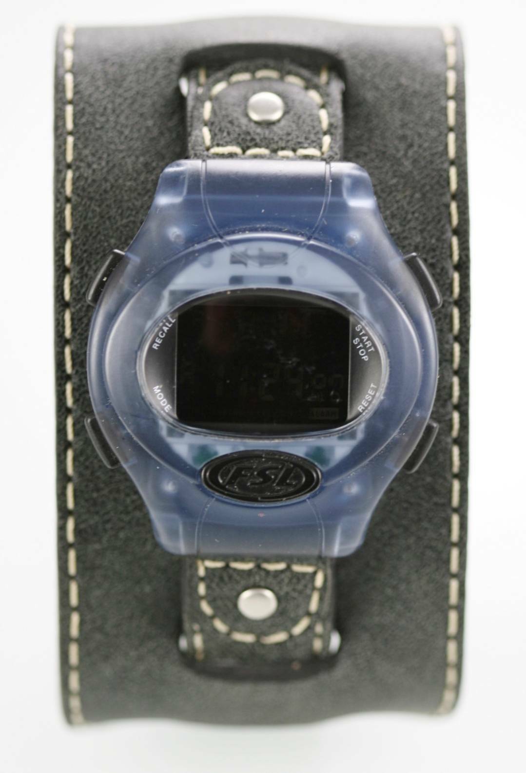 Fossil Watch Mens Blue Plastic Gray Leather Chron Alarm Light Date 100m Quartz