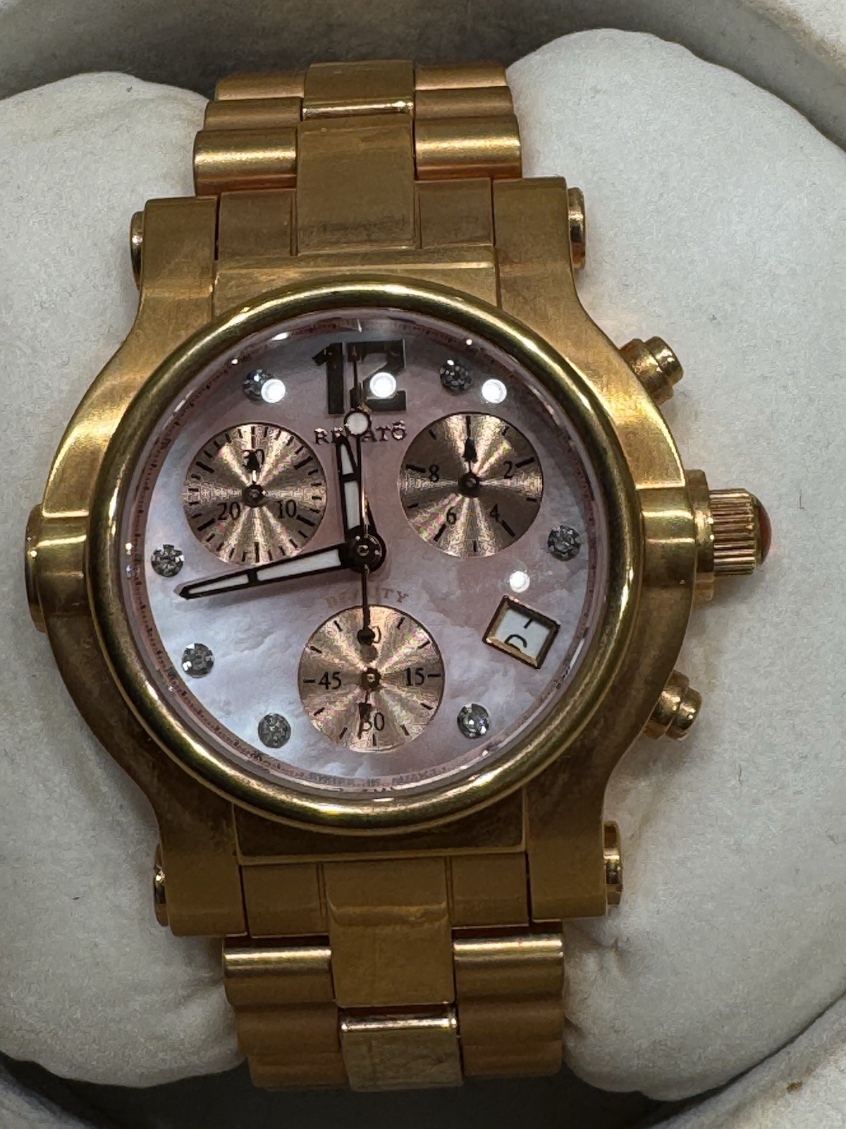 RENATO “Beauty” Women’s CHRONOGRAPH Watch Rose Gold Diamond Accent MOP Dial NIB