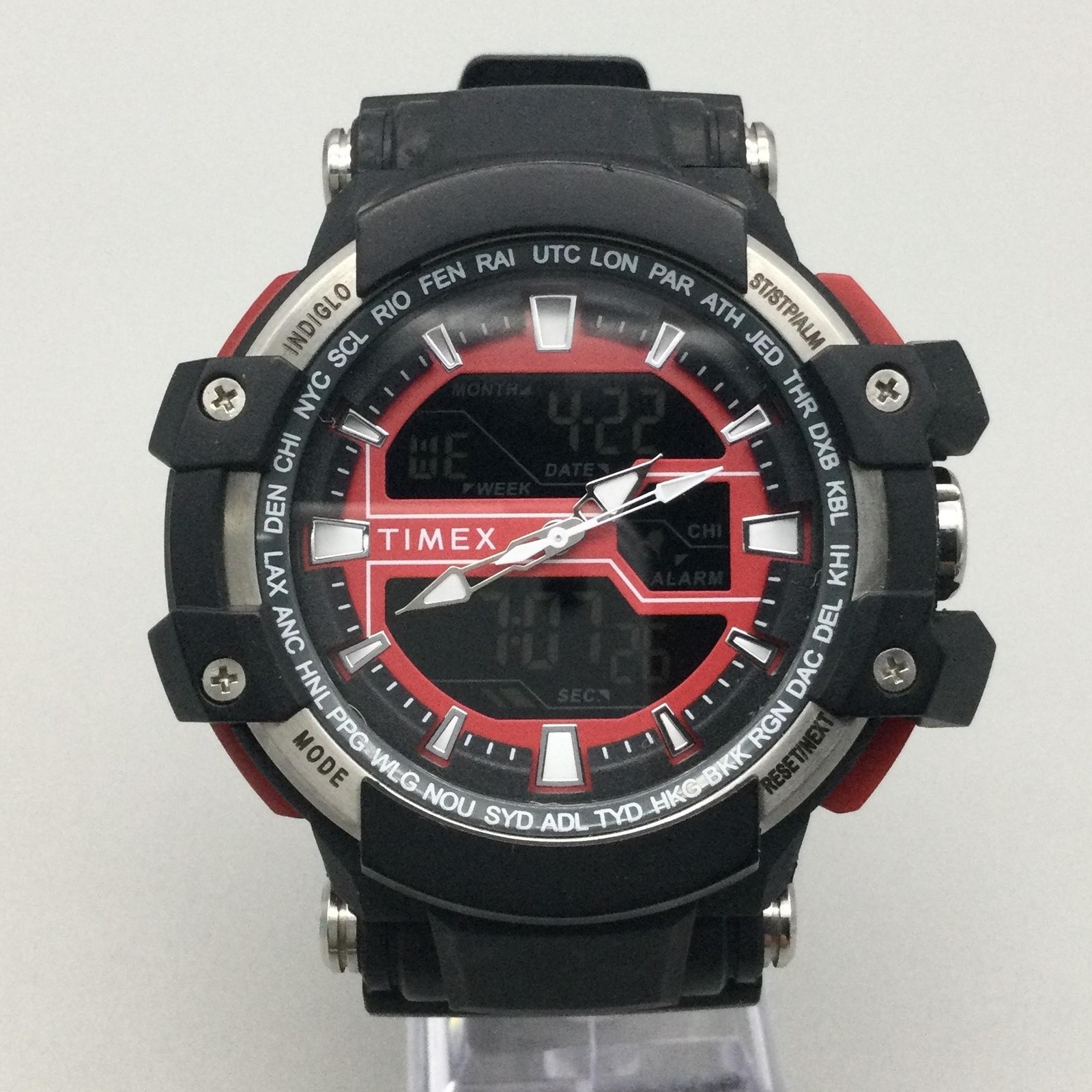 Timex Mens Watch 55mm Black Red Analog Digital World Time TW5M22700 Indiglo