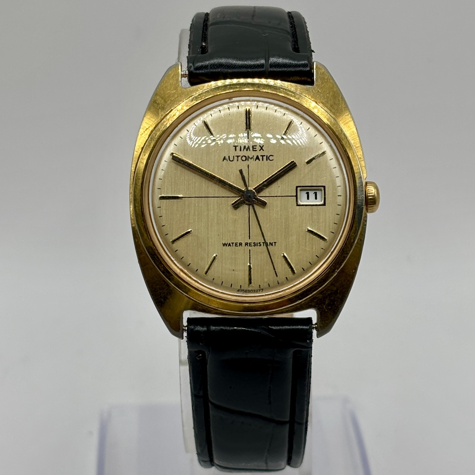 Vintage Timex Automatic Viscount Style Linen Gold Crosshair Dial Date Watch