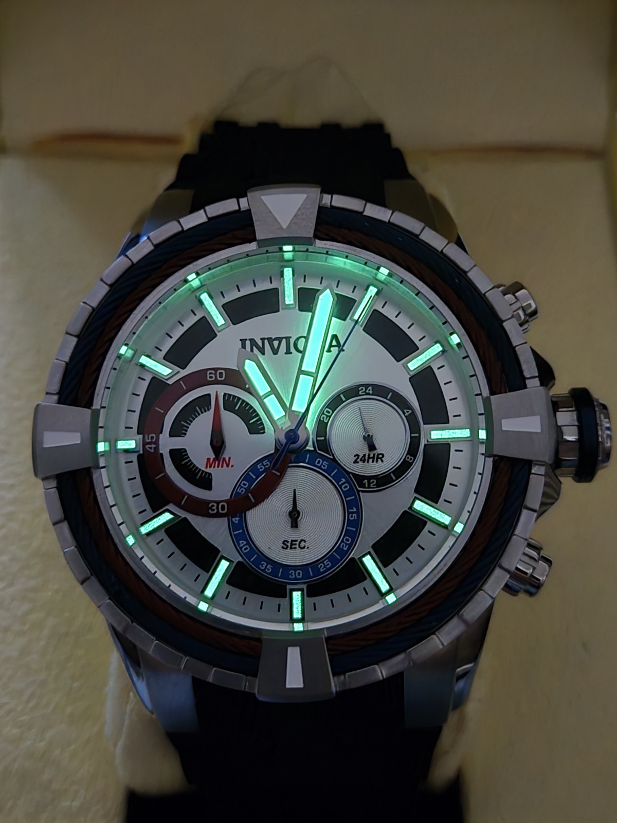 Invicta 49mm Bolt Chronograph Red, Blue, Silver Dial Black/Red Silicone Band