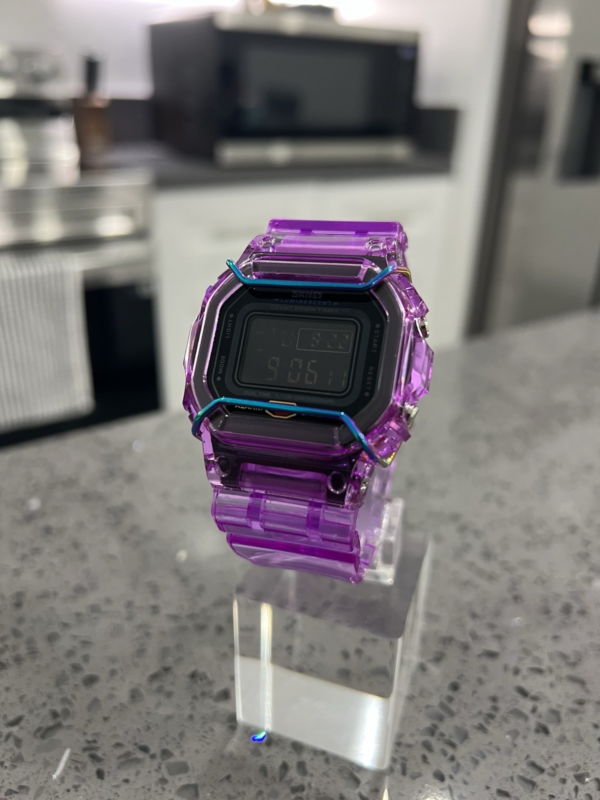 Gshock DW5600 Mod Custom Skmei Watch Clear Purple Black Dial / Travel Case