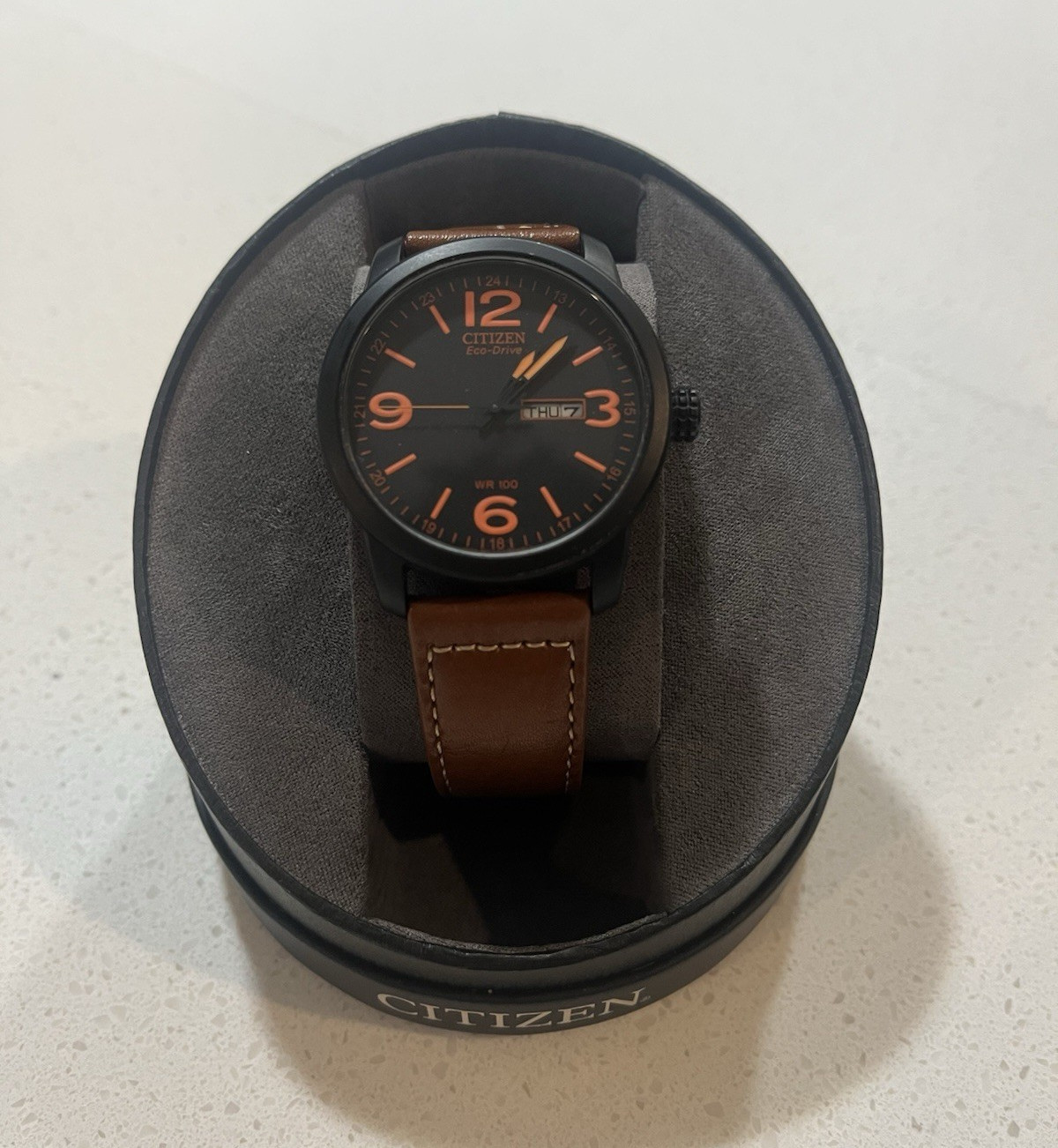 Citizen Eco-Drive Men’s Black Dial Brown Leather Strap Quartz Watch w/ Box