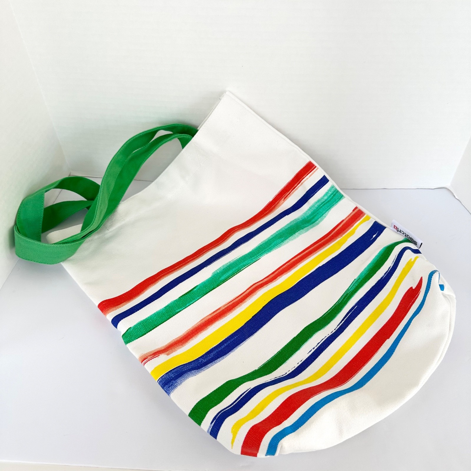 Swatch Watch Multi Color Stripes Thick Canvas Tote Bag w/ Inside Pocket & Clasp