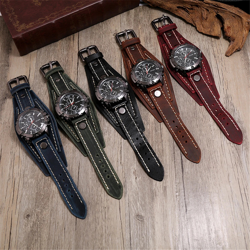 Black Brown Blue Men Pointer Quartz Watch Genuine Leather Strap Bracelet Vintage