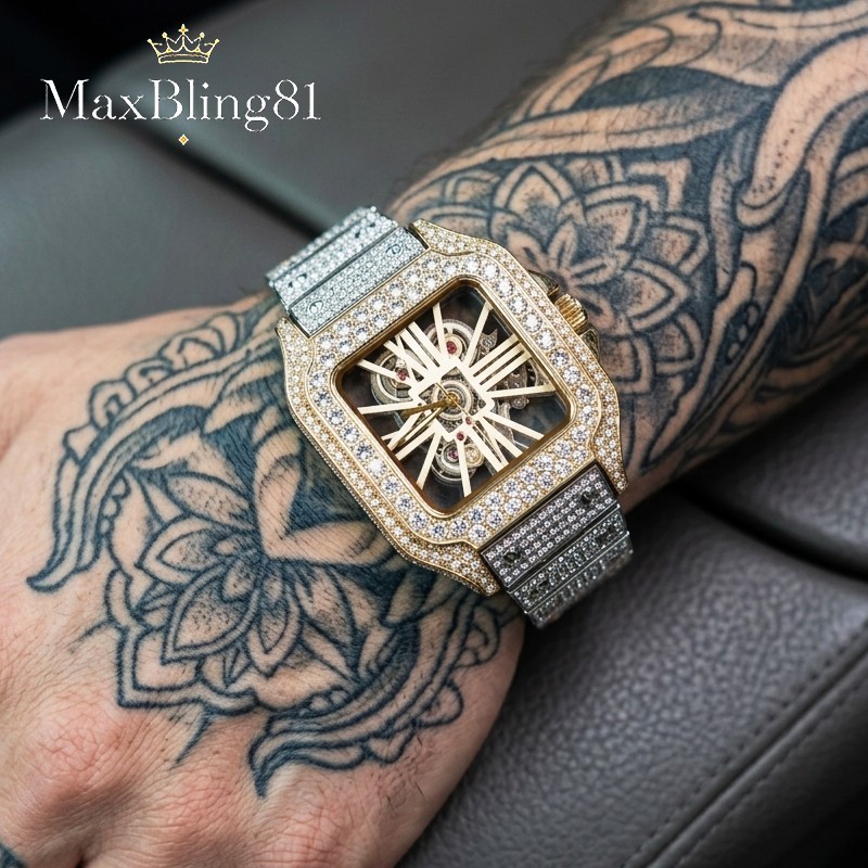 Men’s Square Skelecton Dial Watch Luxury Iced Gold / Silver Two Tone Full CZ