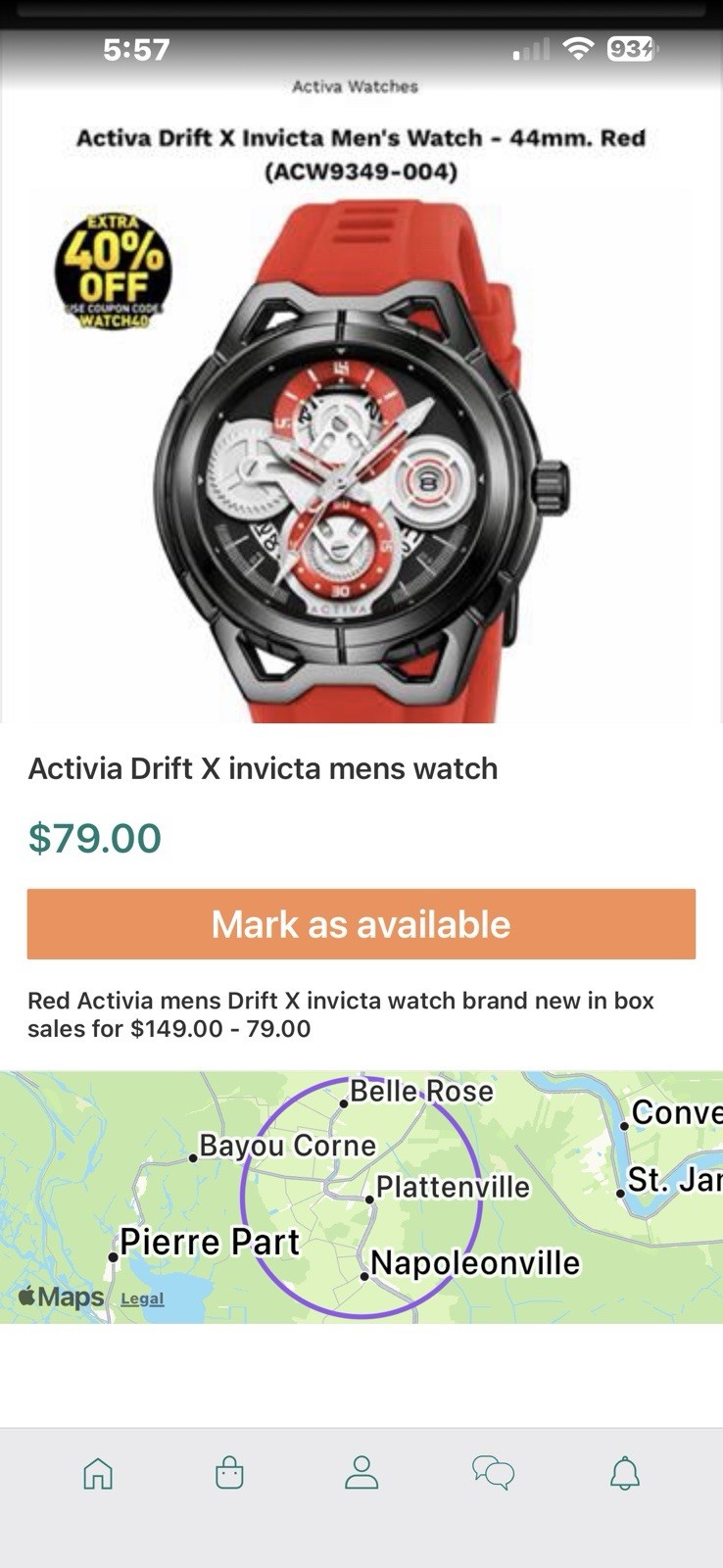 Activa Drift X Invicta Men’s 44mm Sport Quartz Watch Red Silicone 30m