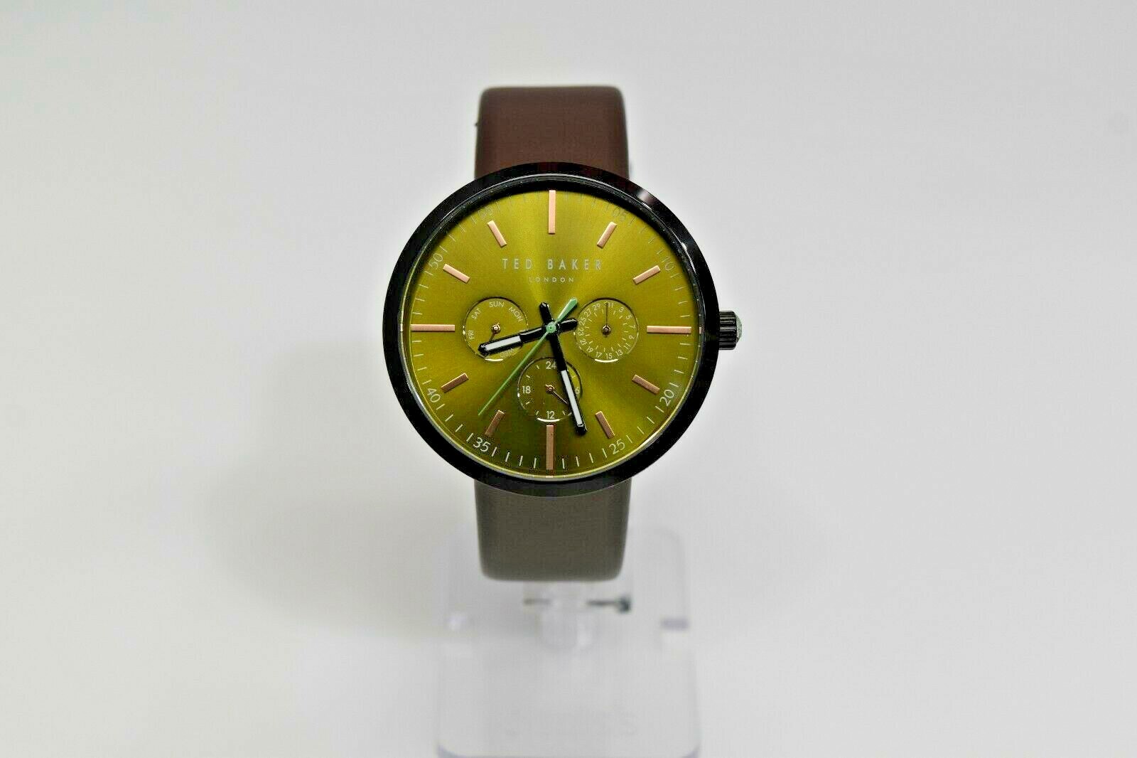 New Ted Baker Brown Leather Black IP Green Dial Multi 10031502 $185 Watch