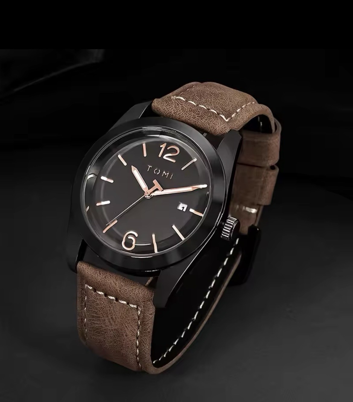 TOMI Luxury Men’s Minimalist Style Quartz Watch Leather Strap 3ATM Date