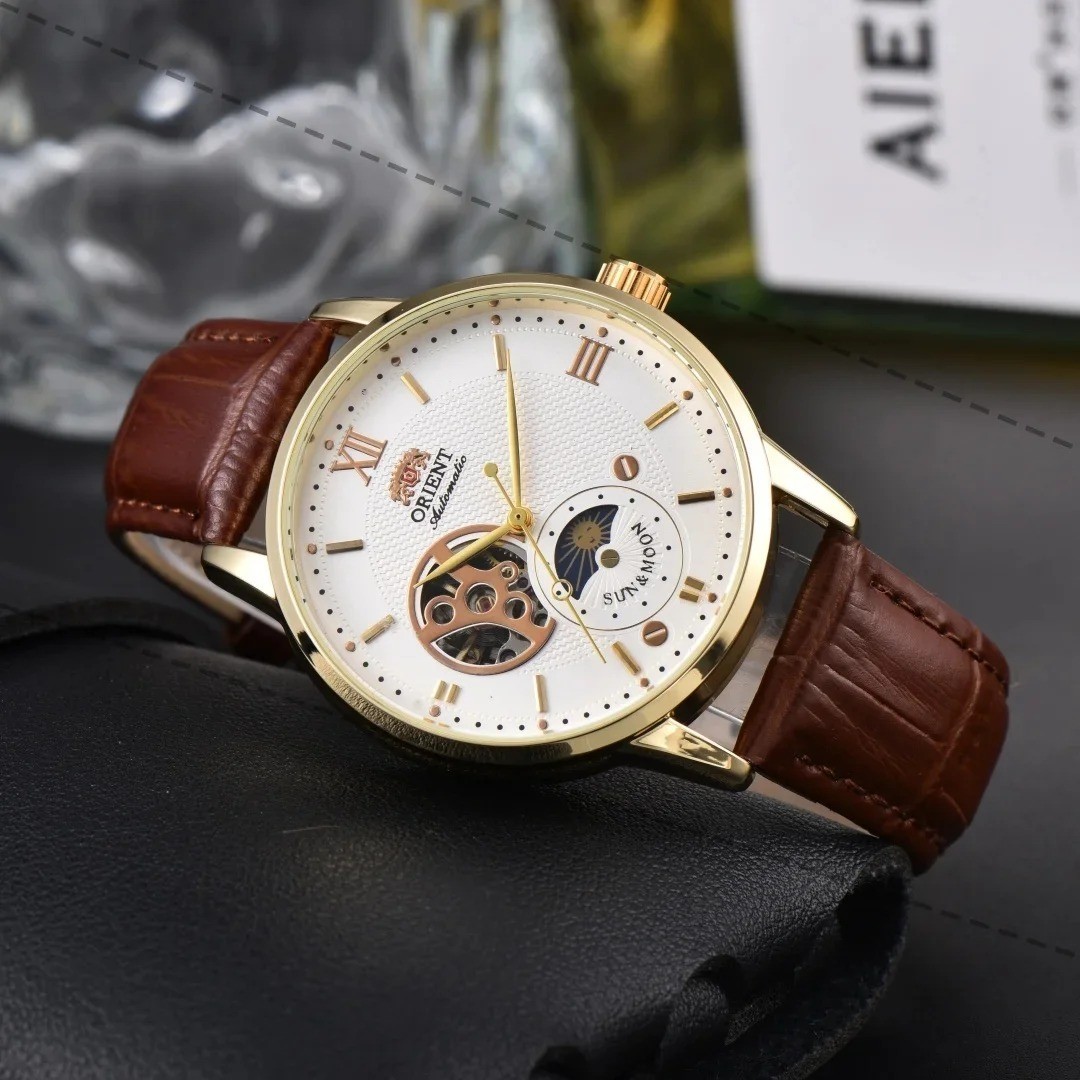 Sun & Moon Semi Skeleton Automatic Watch Men’s Leather Strap Luxury Gift