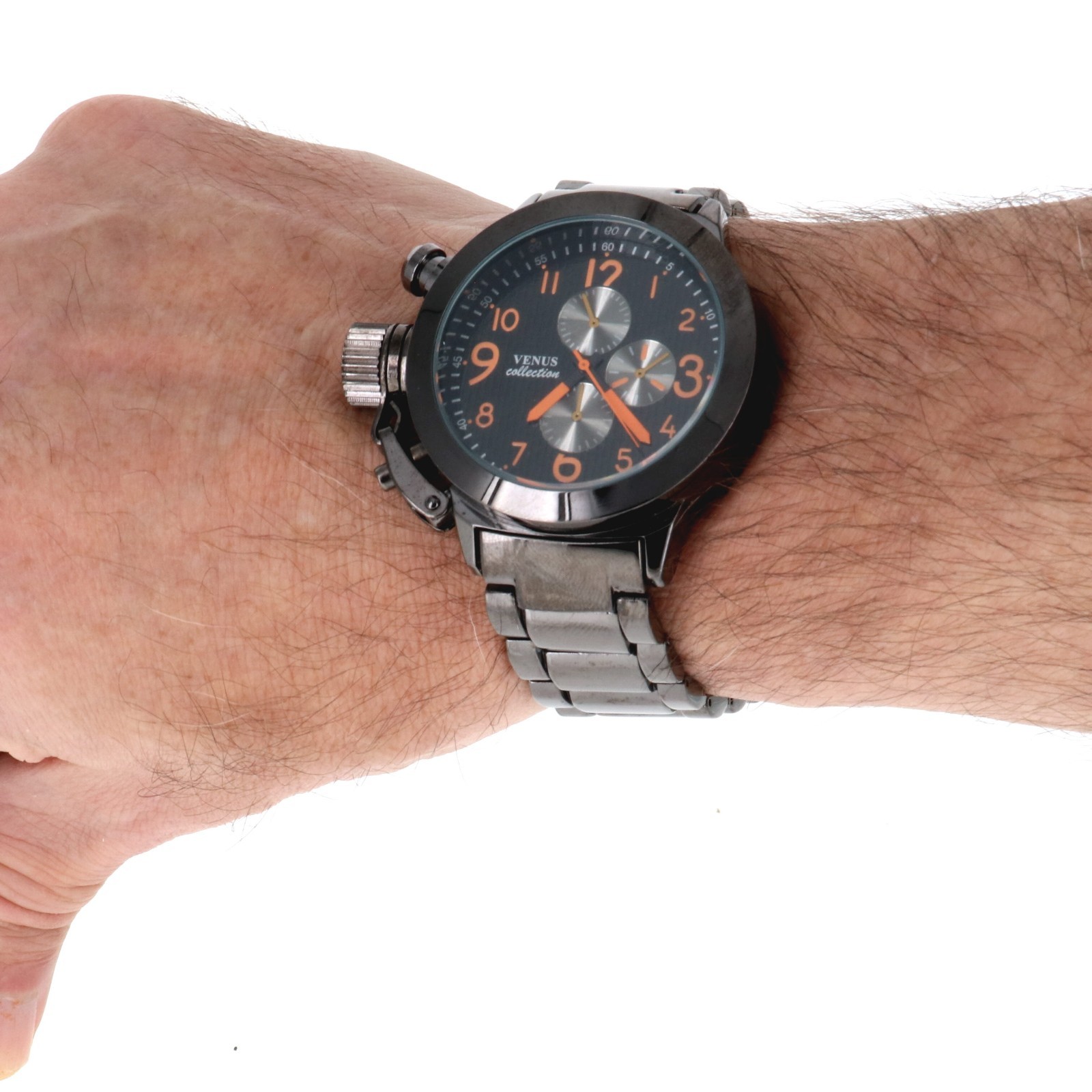 Venus collection Men’s Oversize Watch & Crown Black Finish Metal Band 46mm
