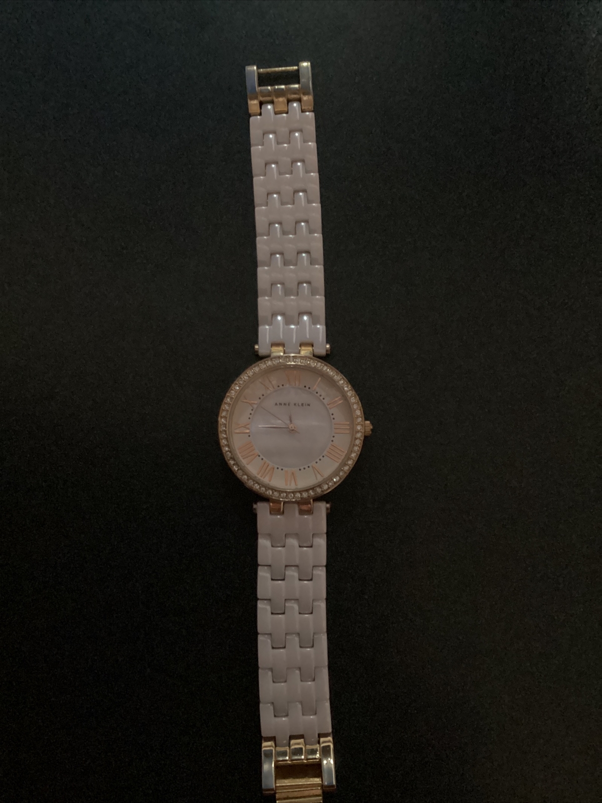 ANNE KLEIN Rose Gold & Beige Rhinestone Watch – Beautiful! – Needs Battery