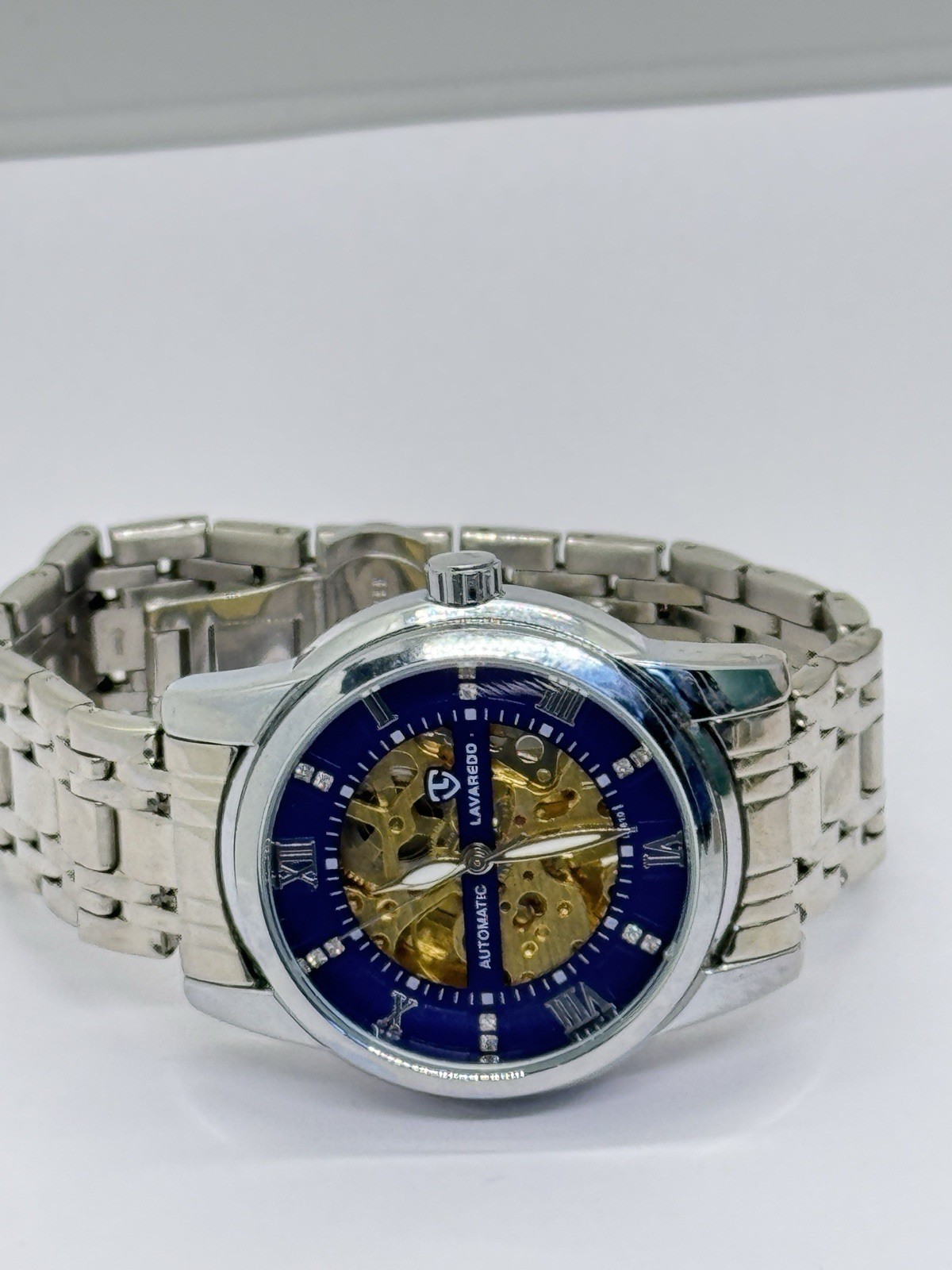 Lavaredo Automatic Diamond Blue Dial Watch Silver Gold Skeleton WR